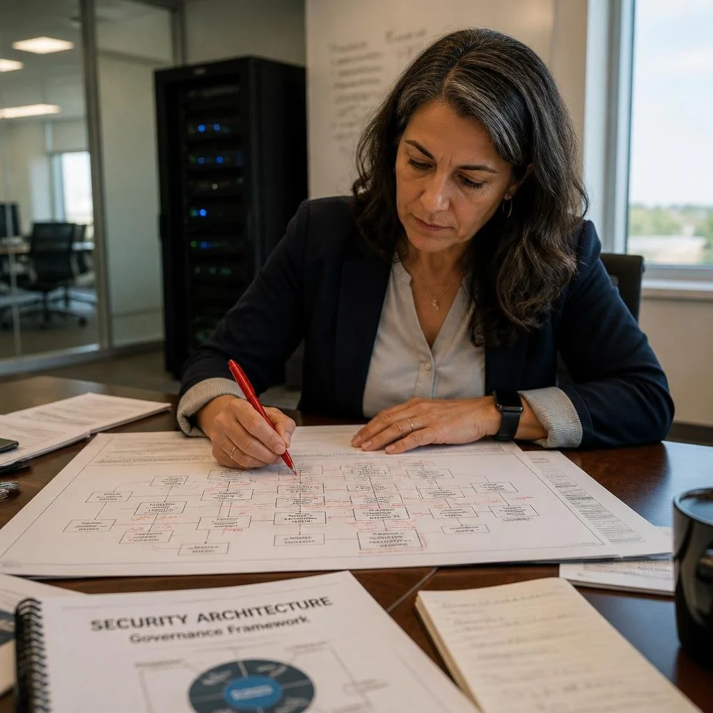 Swenfort Fractional CISO reviewing digital security architecture and governance blueprint in a modern business office.