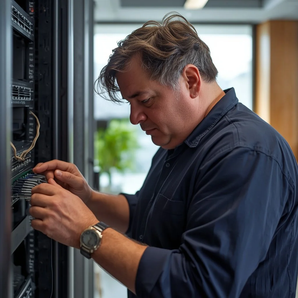 IT support professional managing server infrastructure and network cables.