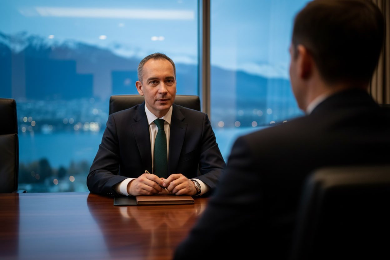Two men - a Chief Information Security Officer and a C-level executive having a meeting in a conference room with a window overlooking a cityscape and mountains. They are discussing The 360° Personal Security Model as part of the Swenfort Concept.