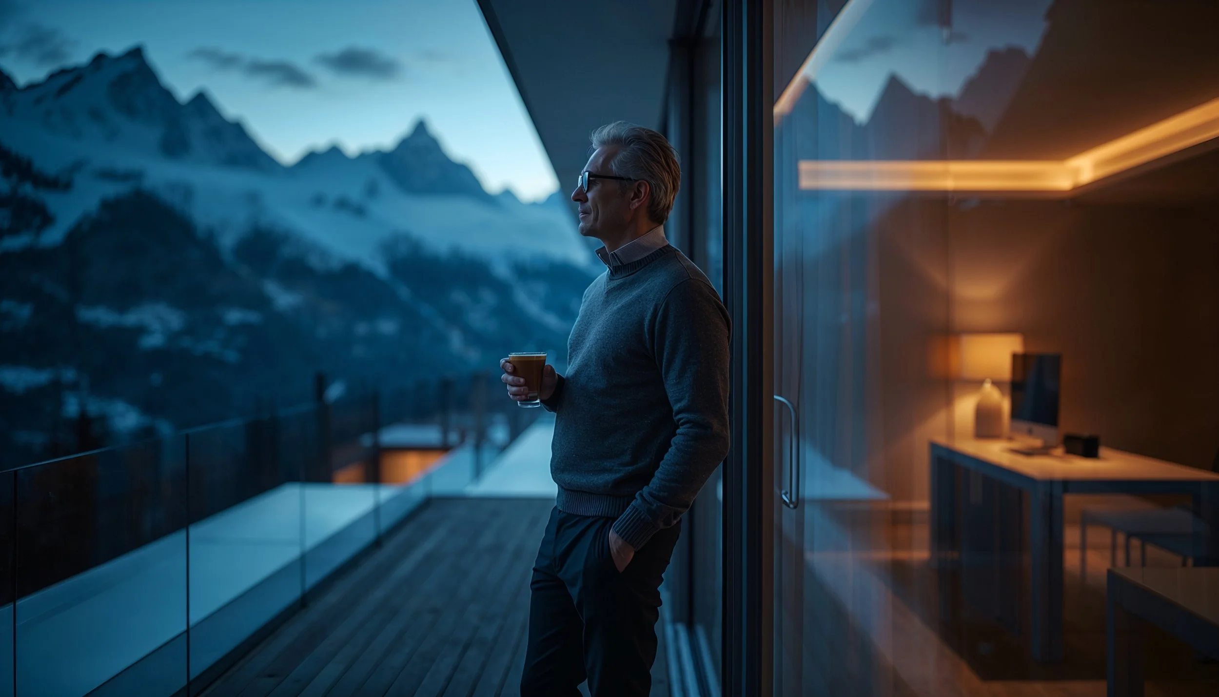 An older man with glasses - a Founder of a large corporation - holding a cup, looking out a glass window at snow-covered mountains during dusk in a modern living space.