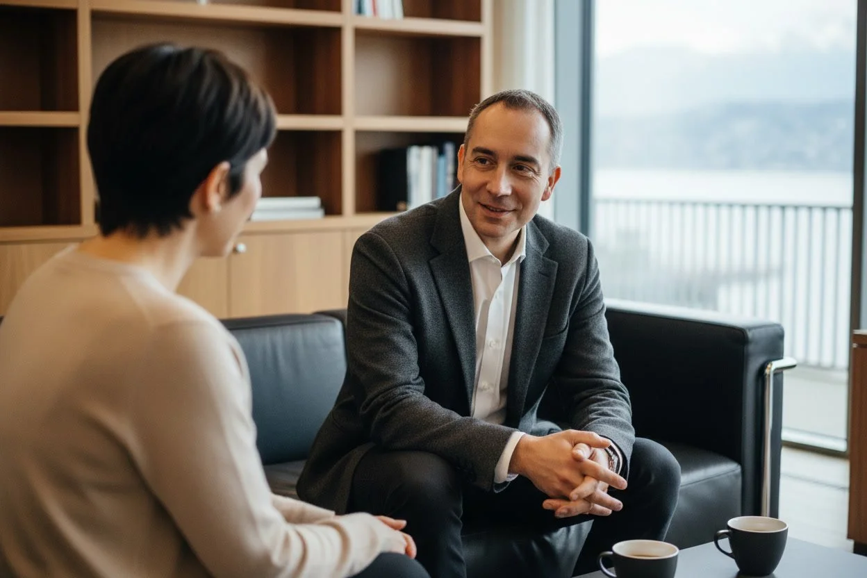 A man - PETER OLVECKY, MSc., CISA in a grey blazer and white shirt discussing digital security with a woman in a beige blazer in a modern office or meeting room.