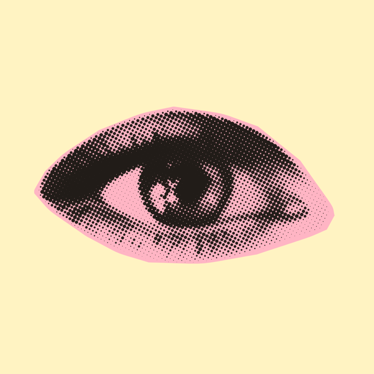 Pop art style illustration of a female eye with pink eye shadow, depicted in halftone dots.