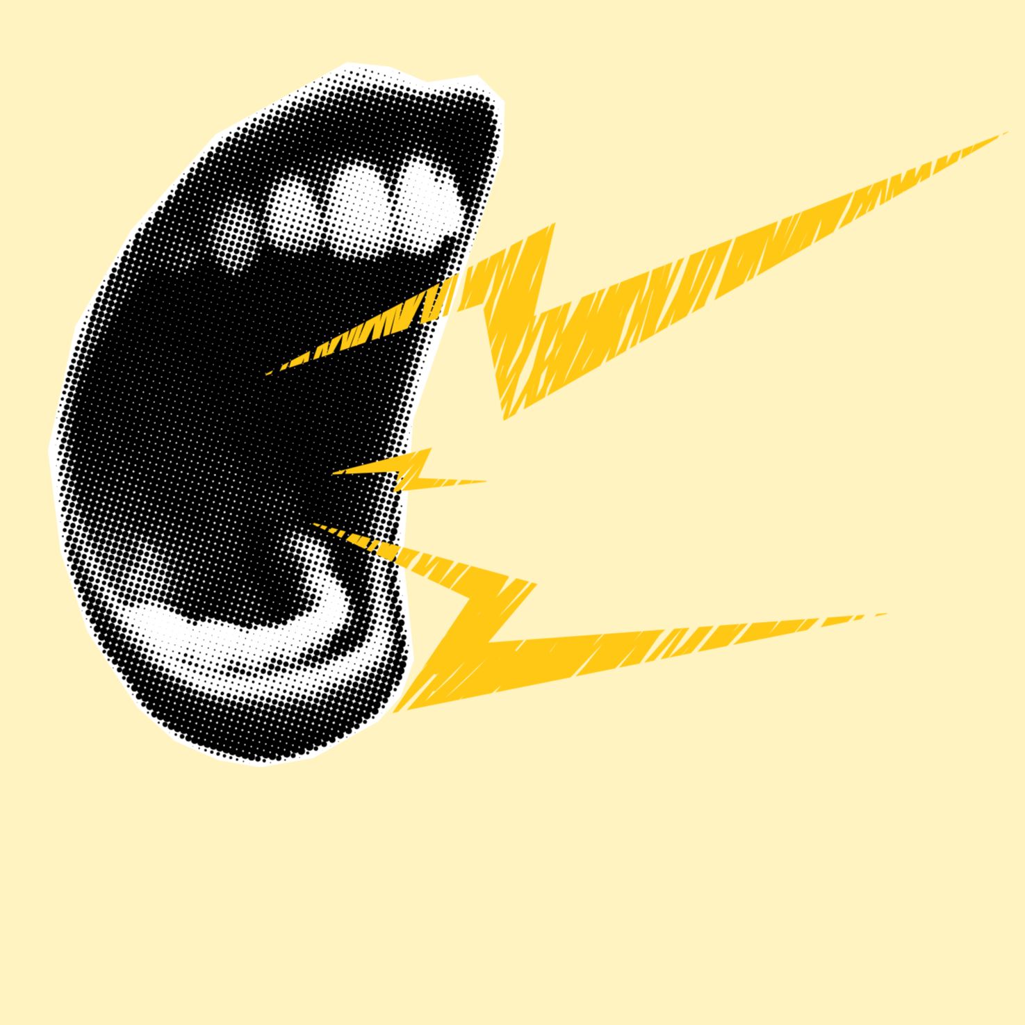 A stylized, halftone black and white illustration of an open mouth with teeth, emitting jagged yellow lightning bolts and zigzag lines on a light yellow background.