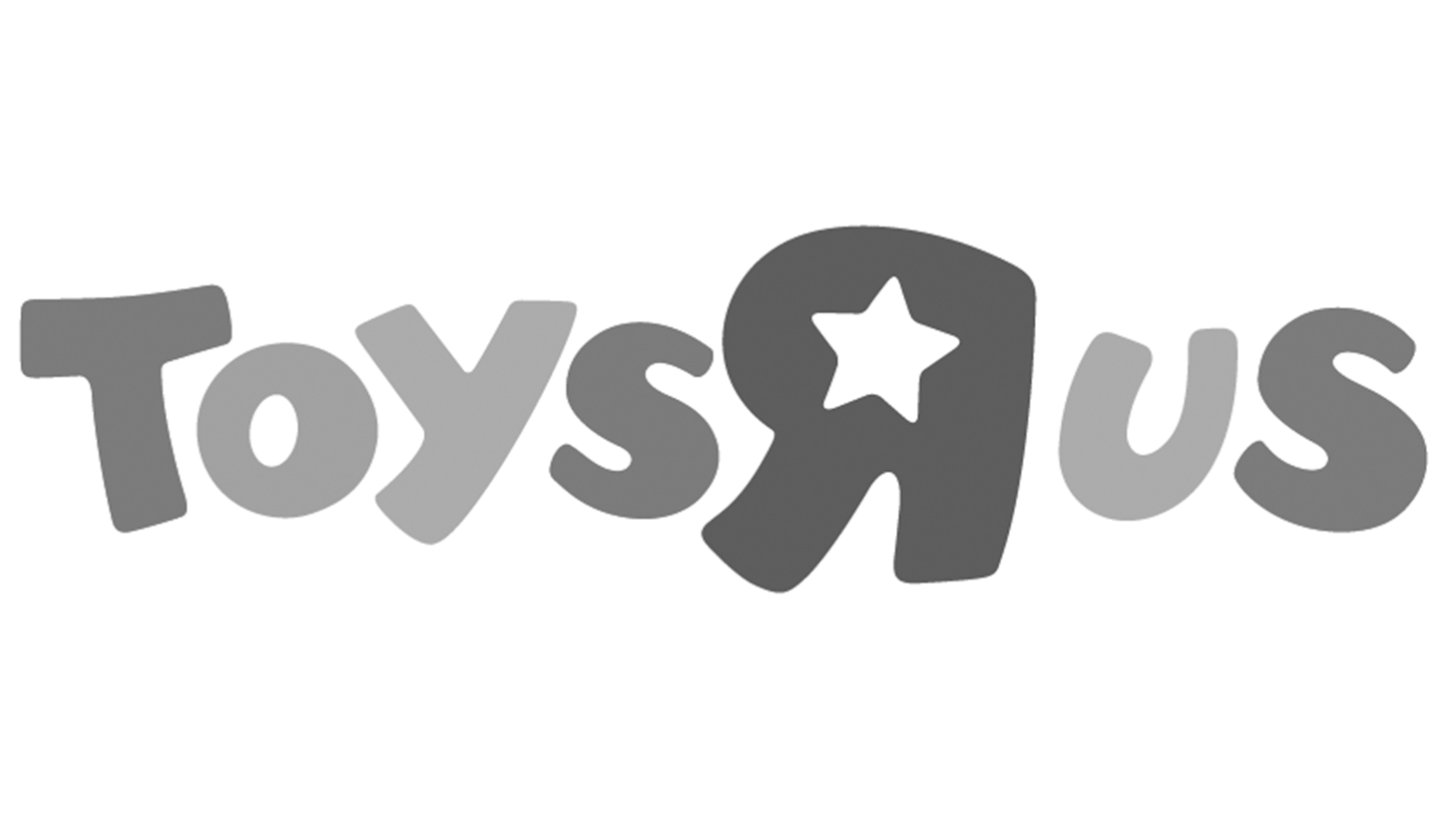 Black and white logo of Toys 'R' Us, with stylized, playful font and a star inside the letter 'R'.