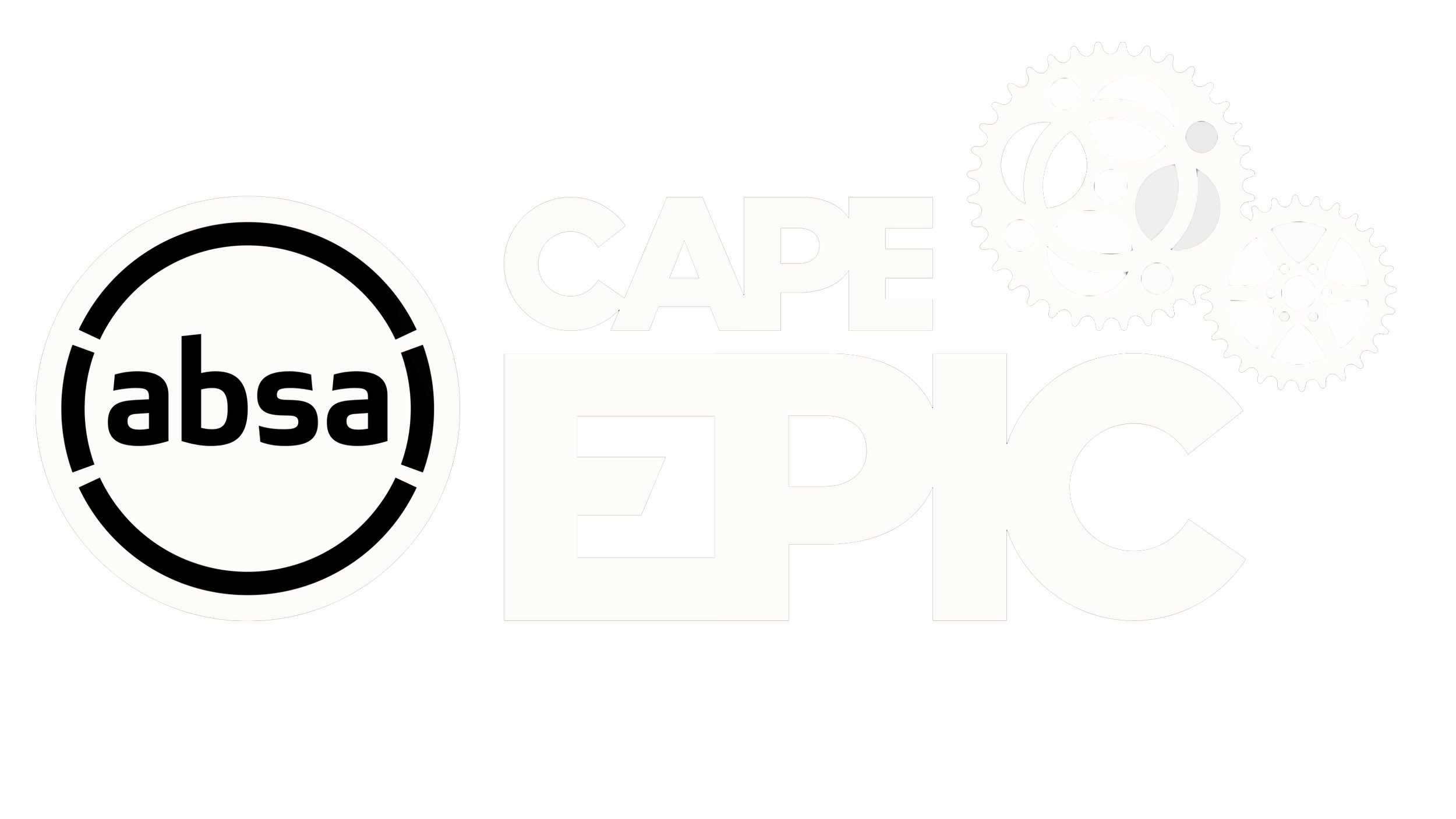 Logo with Absa, Cape Epic, and gear wheel graphics in black and white.