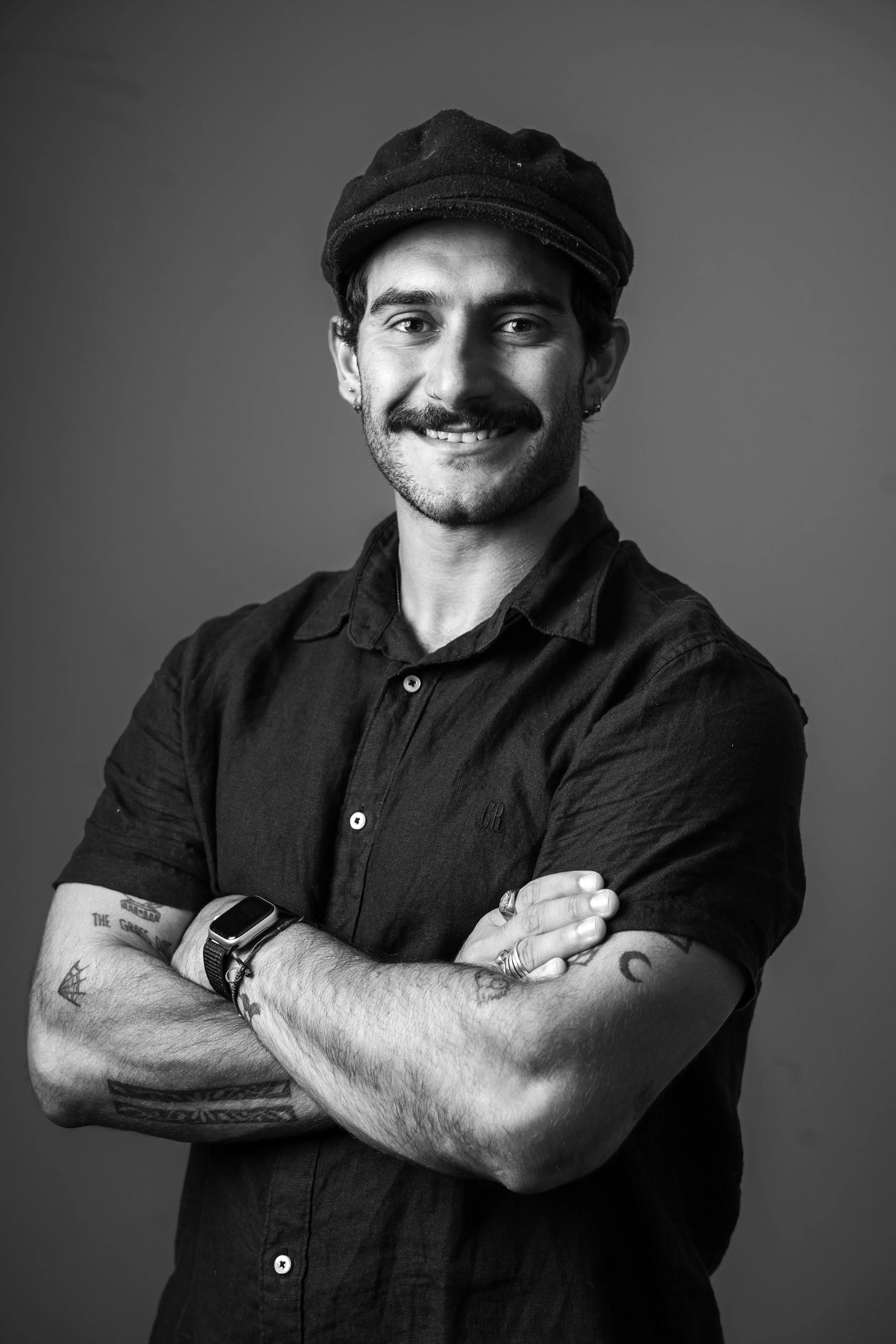 Black and white portrait of Riccardo Annandale, founder and creative director of Drifter Media, a Cape Town-based brand content production studio specialising in photo and video for lifestyle, outdoor, and consumer brands.