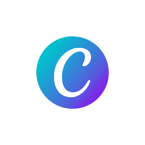 Logo avec une boule de chat en dégradé de bleu, vert, violet et rose, et un symbole de copyright