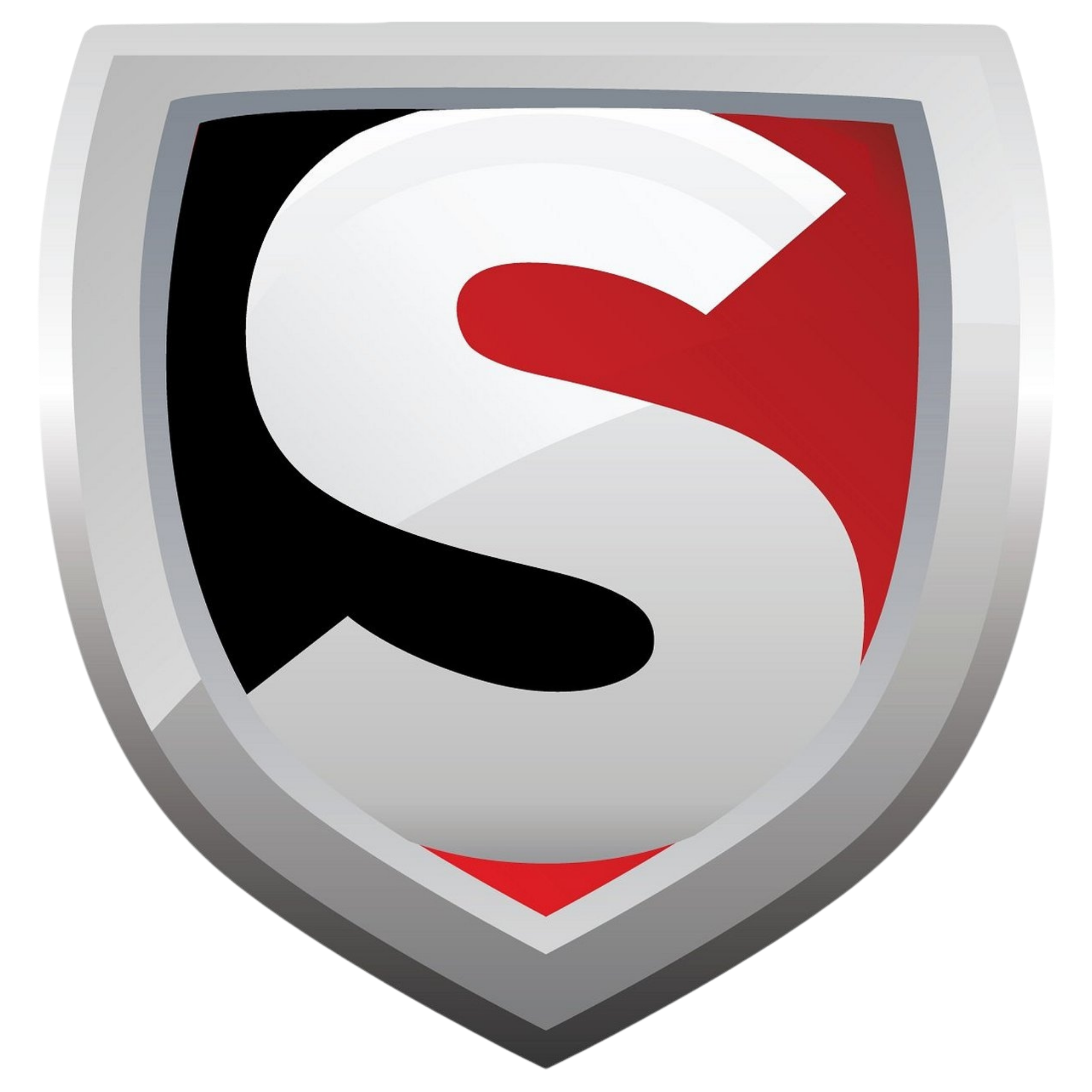 Logo d'un super-héros avec un emblème en forme de S rouge sur fond argenté.