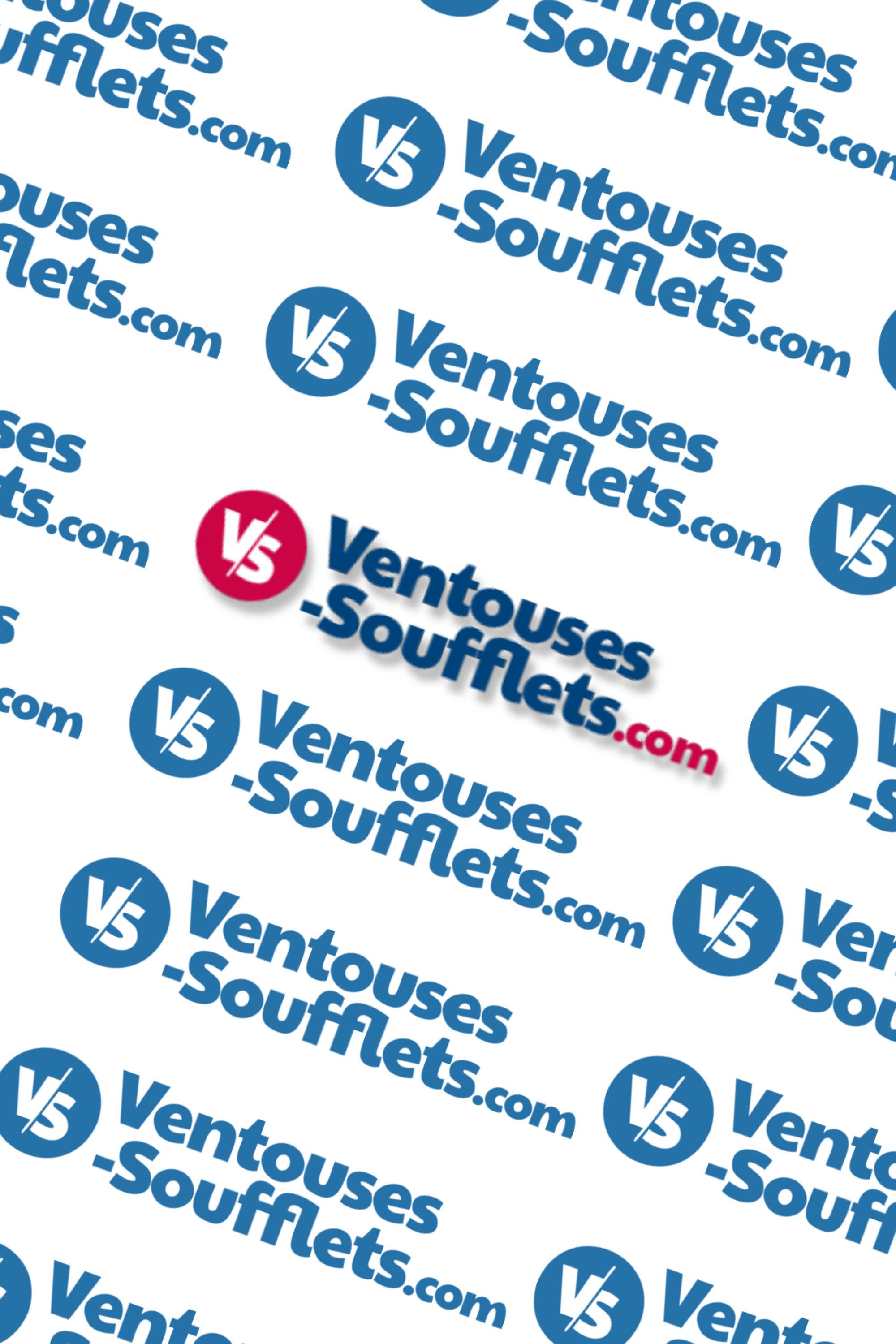 L'image montre un motif avec la répétition du logo 'Ventsuous - Soufflets' en bleu sur un fond blanc. Il y a également un logo rouge avec 'VS' en blanc, représentant la marque.