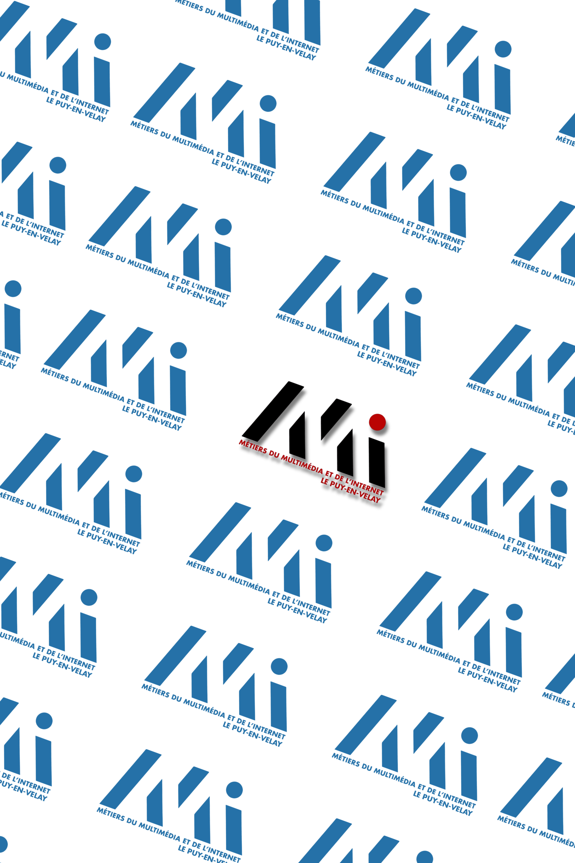 Motifs répétés avec le texte "Métiers du multimédia et de l'internet" et "le Puy-en-Velay" en bleu, ainsi qu'un logo noir avec un point rouge.