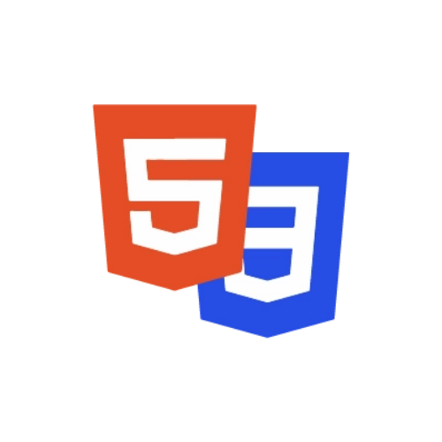Logo de HTML5 avec une balise de code et un arrière-plan rouge et bleu.
