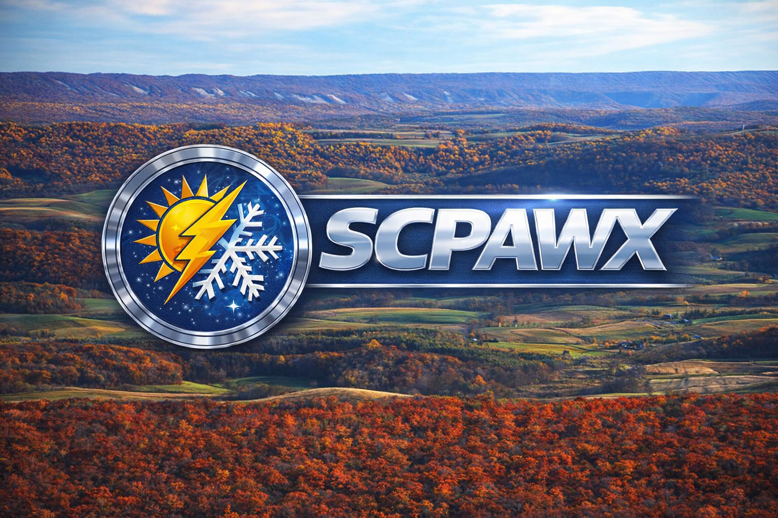 Logo for SCPAWX with a background of a scenic landscape of rolling hills and colorful autumn trees.