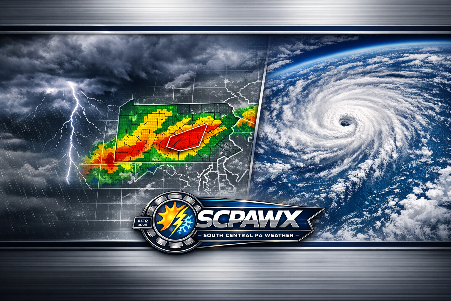 Weather forecast graphic showing a storm with lightning, a radar map with heavy rainfall and a tornado, and a satellite image of a hurricane. Includes a logo for 'SCPAWX South Central PA Weather'.