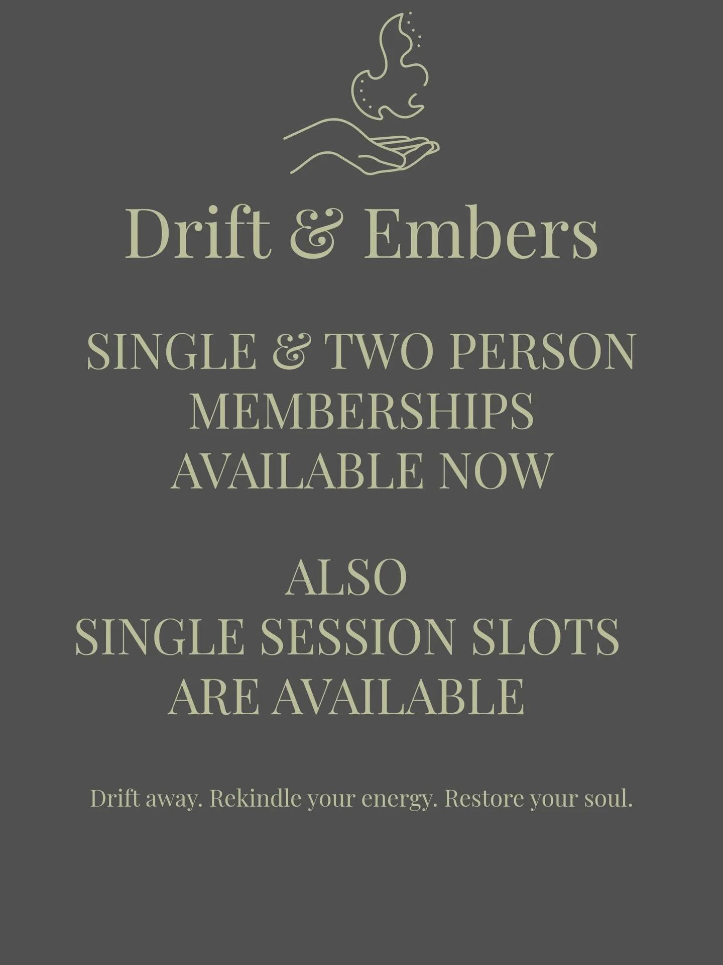 Single Slots &amp; Memberships AVAILABLE from TODAY

Single private sessions: &pound;25.

Single Membership:

The Drift &amp; Embers Membership is a single-person membership, offering 4 sessions per month for &pound;85, equalling &pound;21.25 per ses