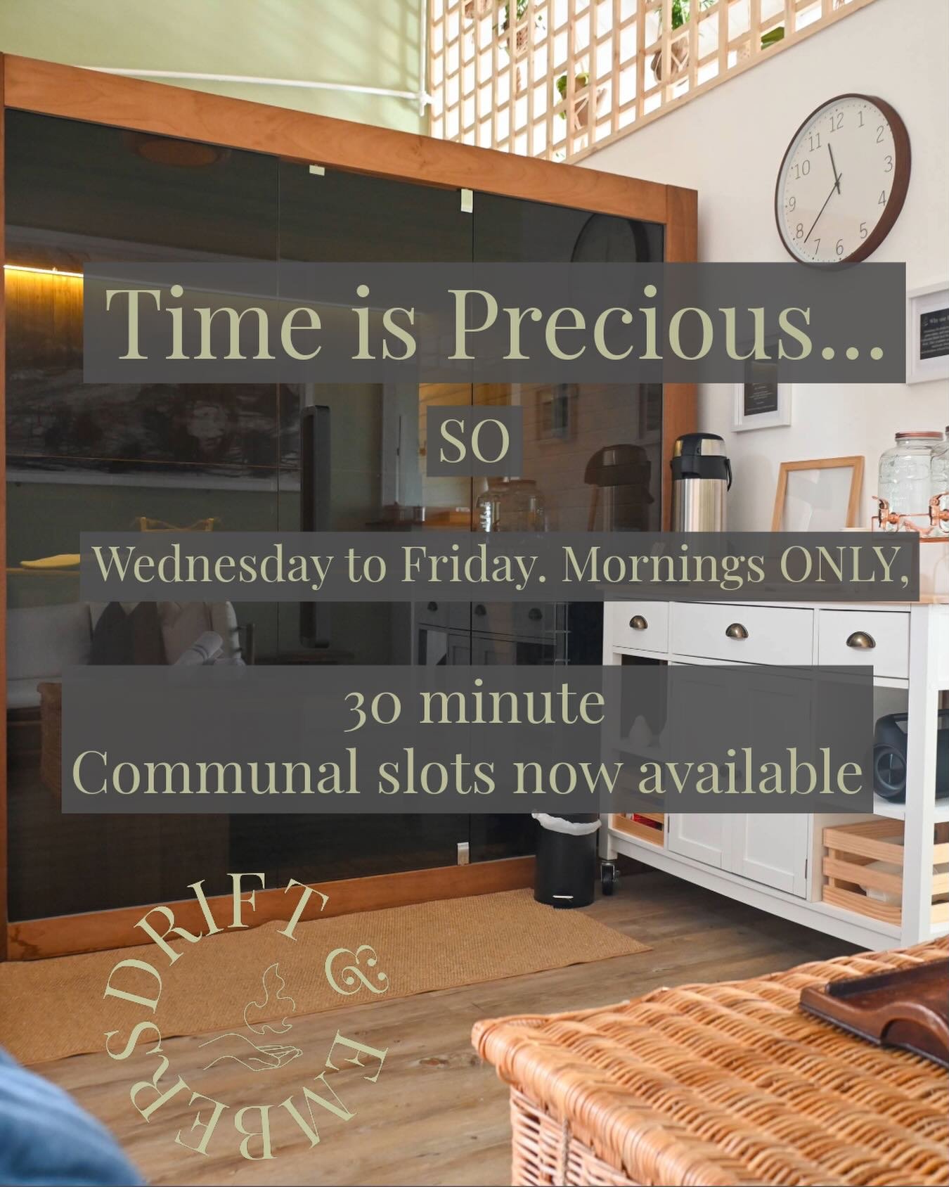 Time is precious these days&hellip;

For those with little to no time, 30 minutes is all you need. Pre-work or post-school drop-off, we&rsquo;ve got you covered.

15 minutes in the sauna. 5 minutes in each of the baths, a shower, and VAMOS.

All for 