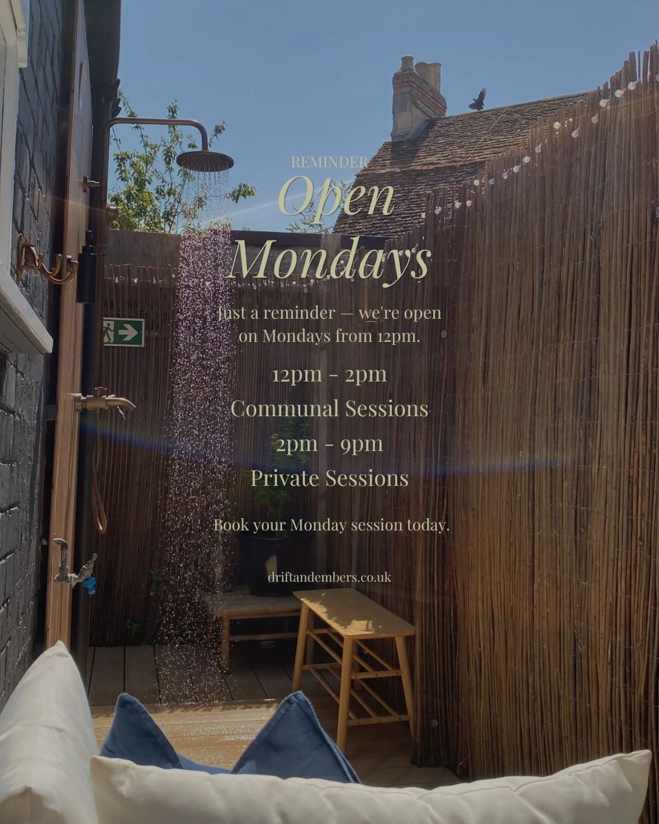 Beat the weekend blues, now that Drift &amp; Embers is open on a Monday 💫🍃

Communal sessions at 12pm til 2pm. Starting from just &pound;9.

Private sessions from 2pm til 9pm. Starting from just &pound;40 (&pound;20pp)

Book today at Driftandembers