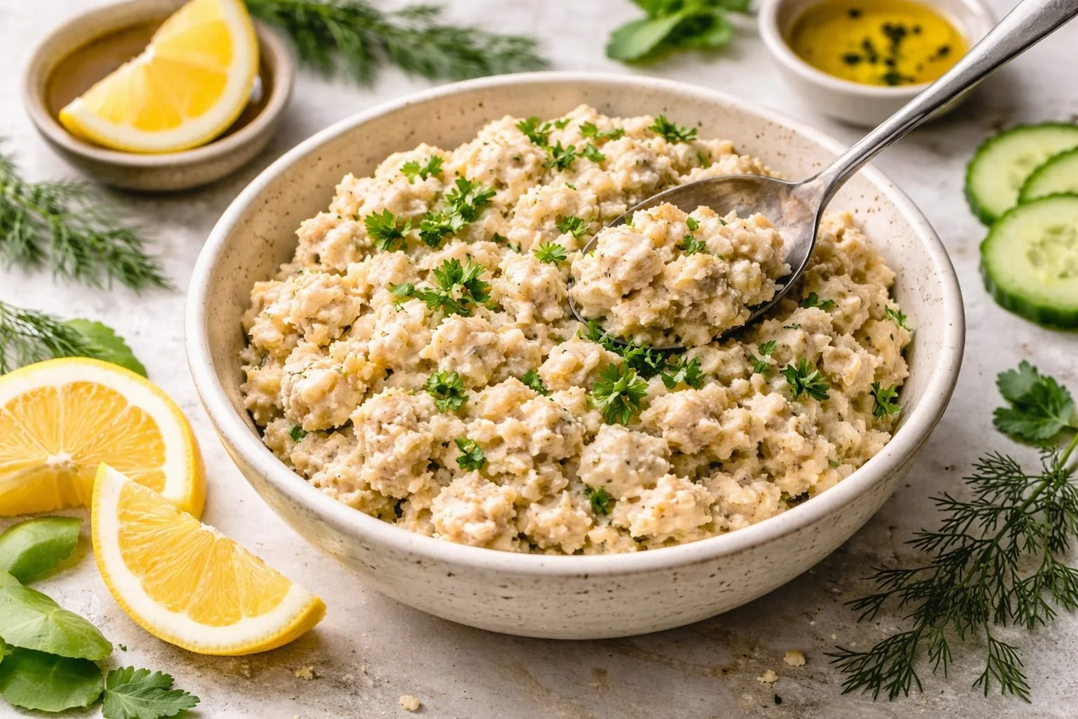 A bowl of salmon filler garnished with parsley, surrounded by lemon wedges, cucumber slices, and herbs on a white surface.