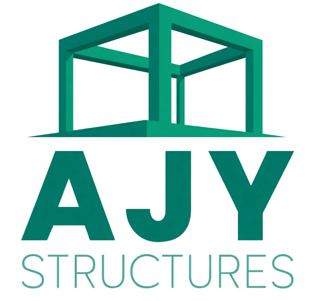 Logo for AJY Structures featuring a stylized outline of a building made from geometric shapes above the company name "AJY Structures".