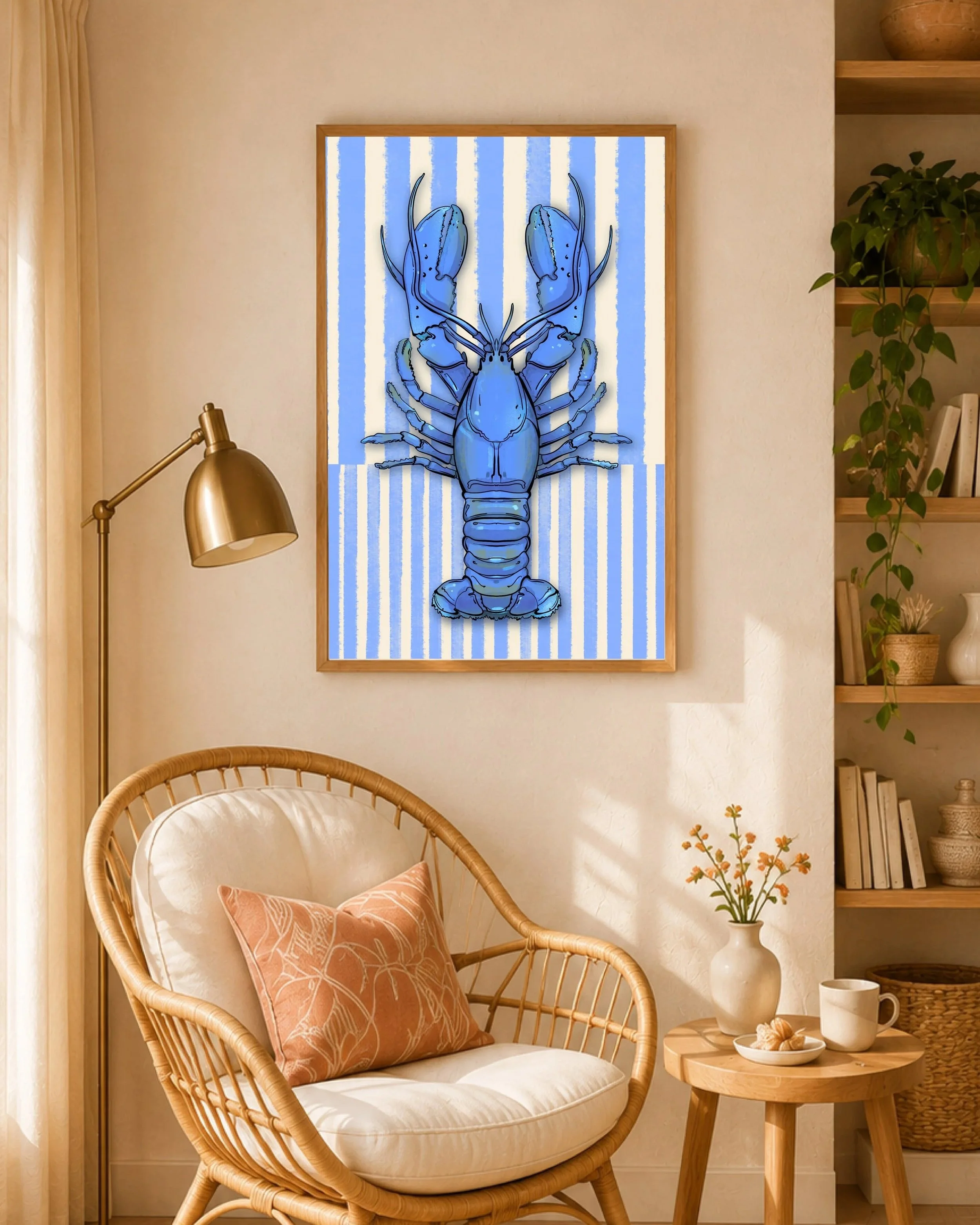 Blue lobster wall art on periwinkle and white stripes, framed above a rattan armchair and brass lamp