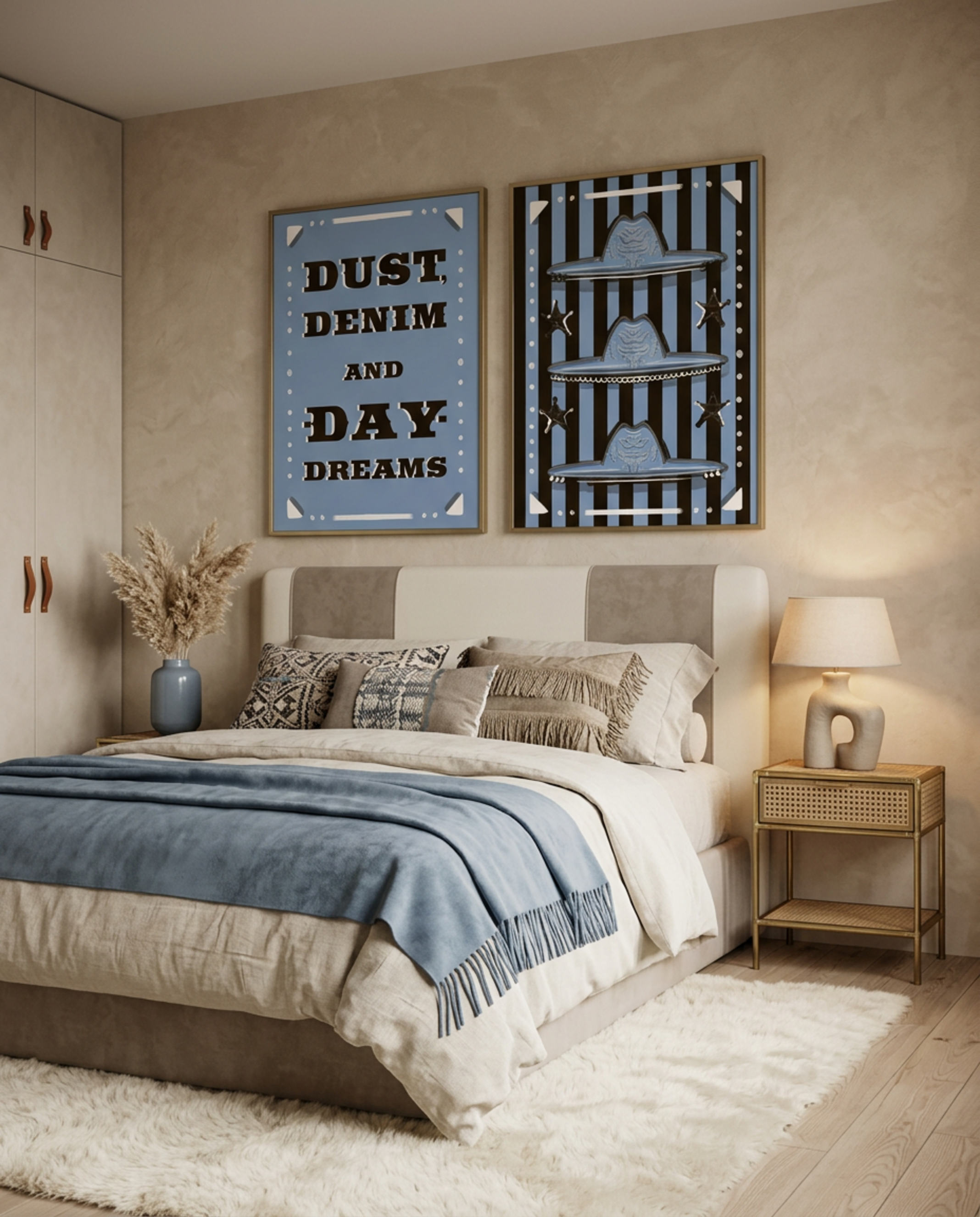 Dust, Denim and Daydreams print and blue cowboy hats print framed above a bed with a blue throw