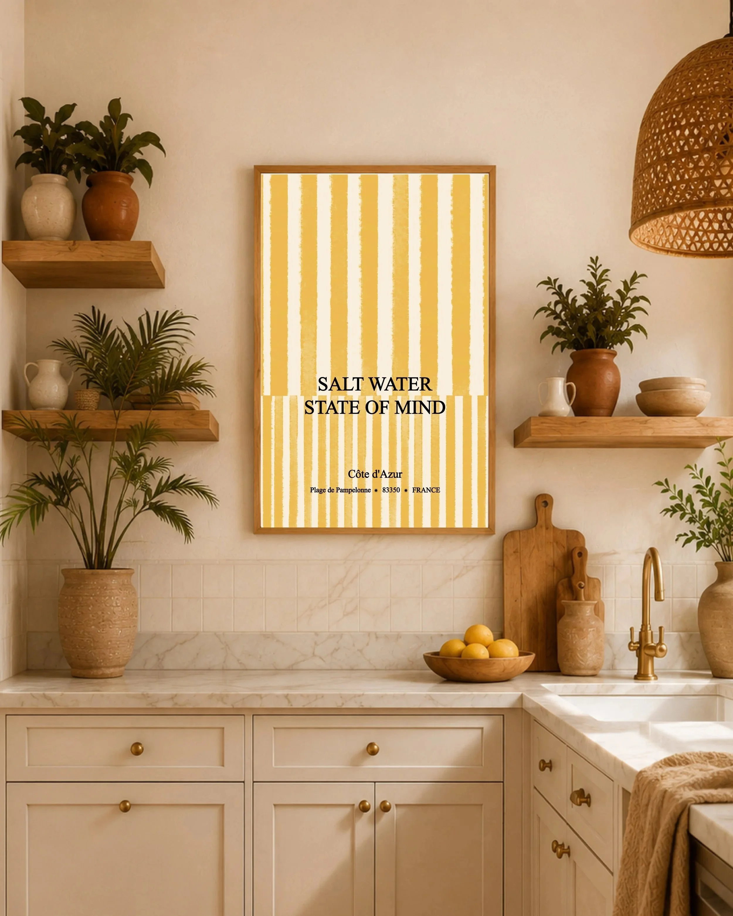 Salt Water State of Mind French Riviera print with butter yellow stripes, framed in a sunny kitchen with plants