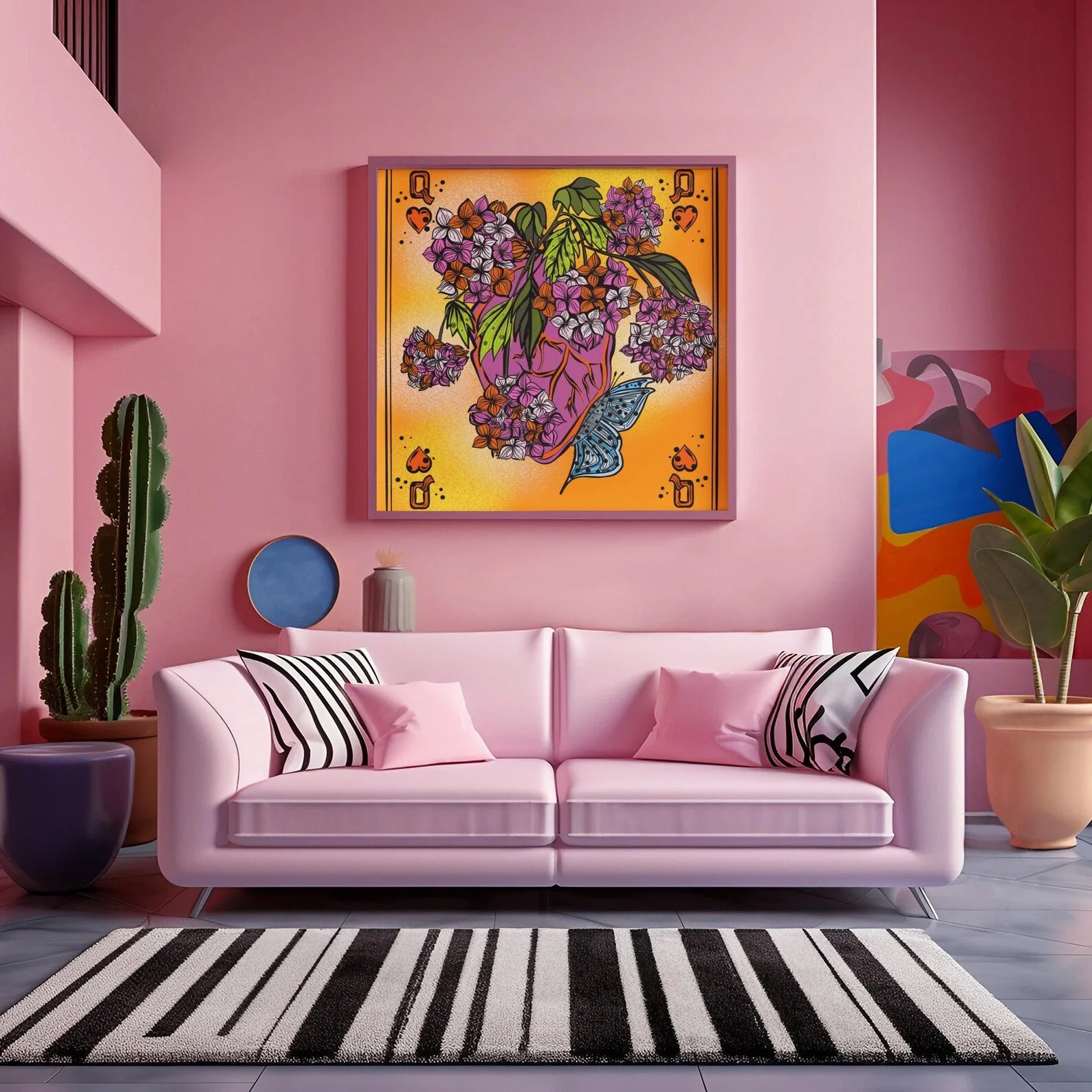 pink yellow blooming heart wall art decoration