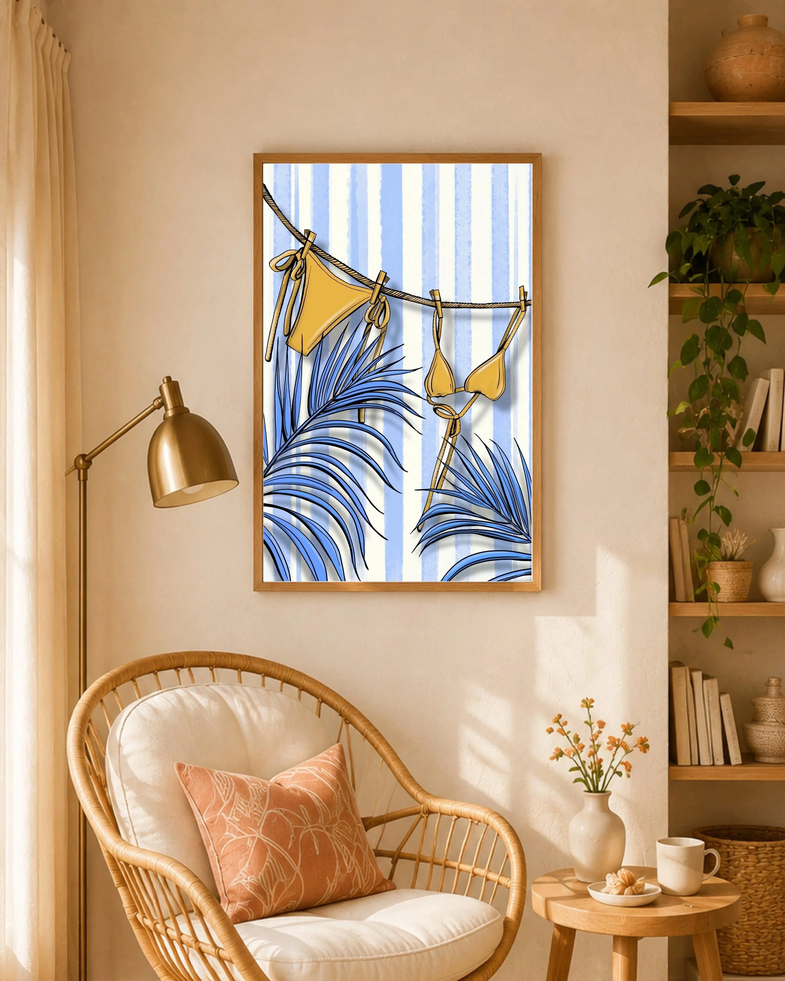La Plage print, yellow bikini on a clothesline with blue palm leaves on striped background, framed beside a brass lamp