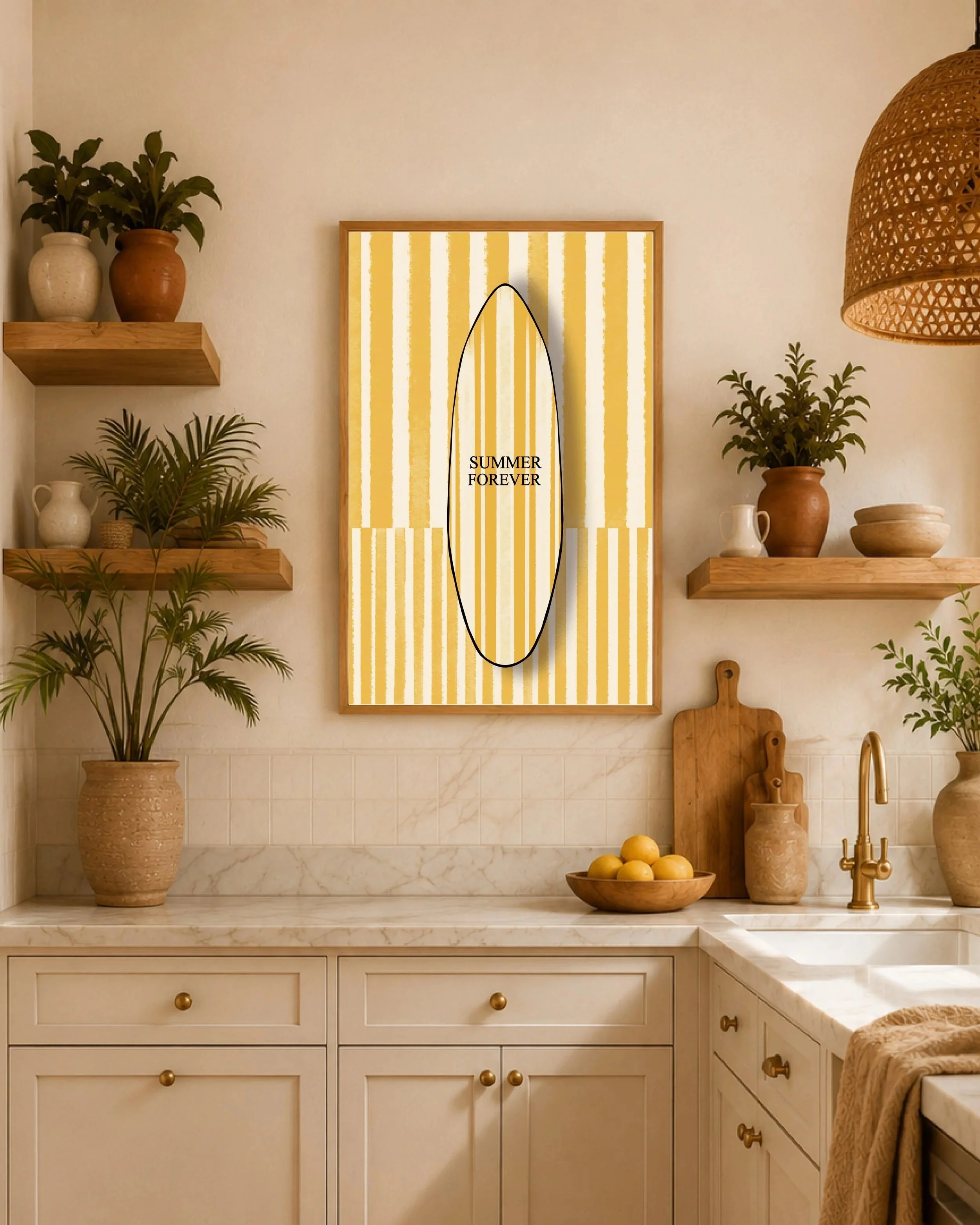Summer Forever striped surfboard print in sunshine yellow, framed in a sunny kitchen with plants