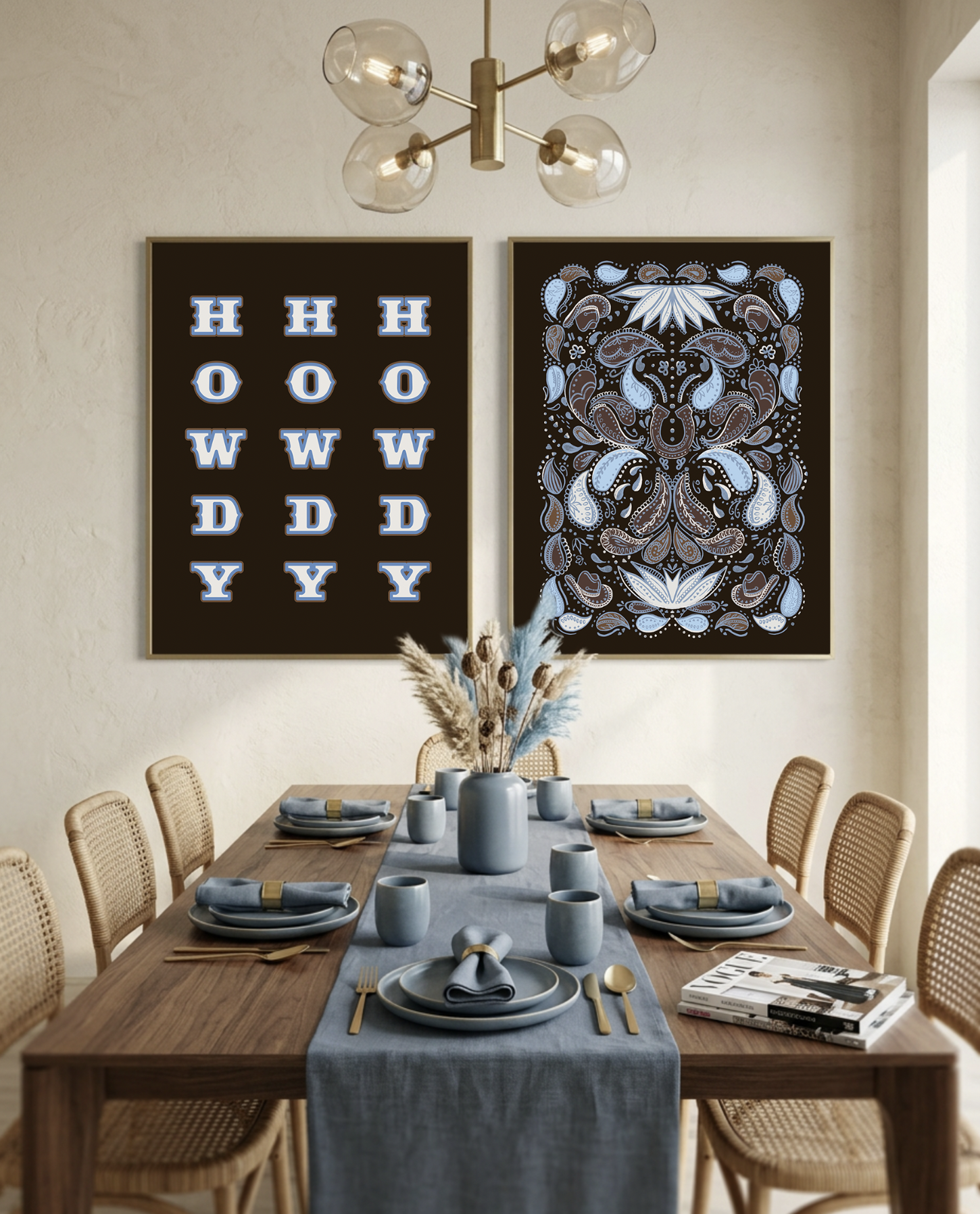 HOWDY western typography print and blue paisley bandana print framed above a dining table