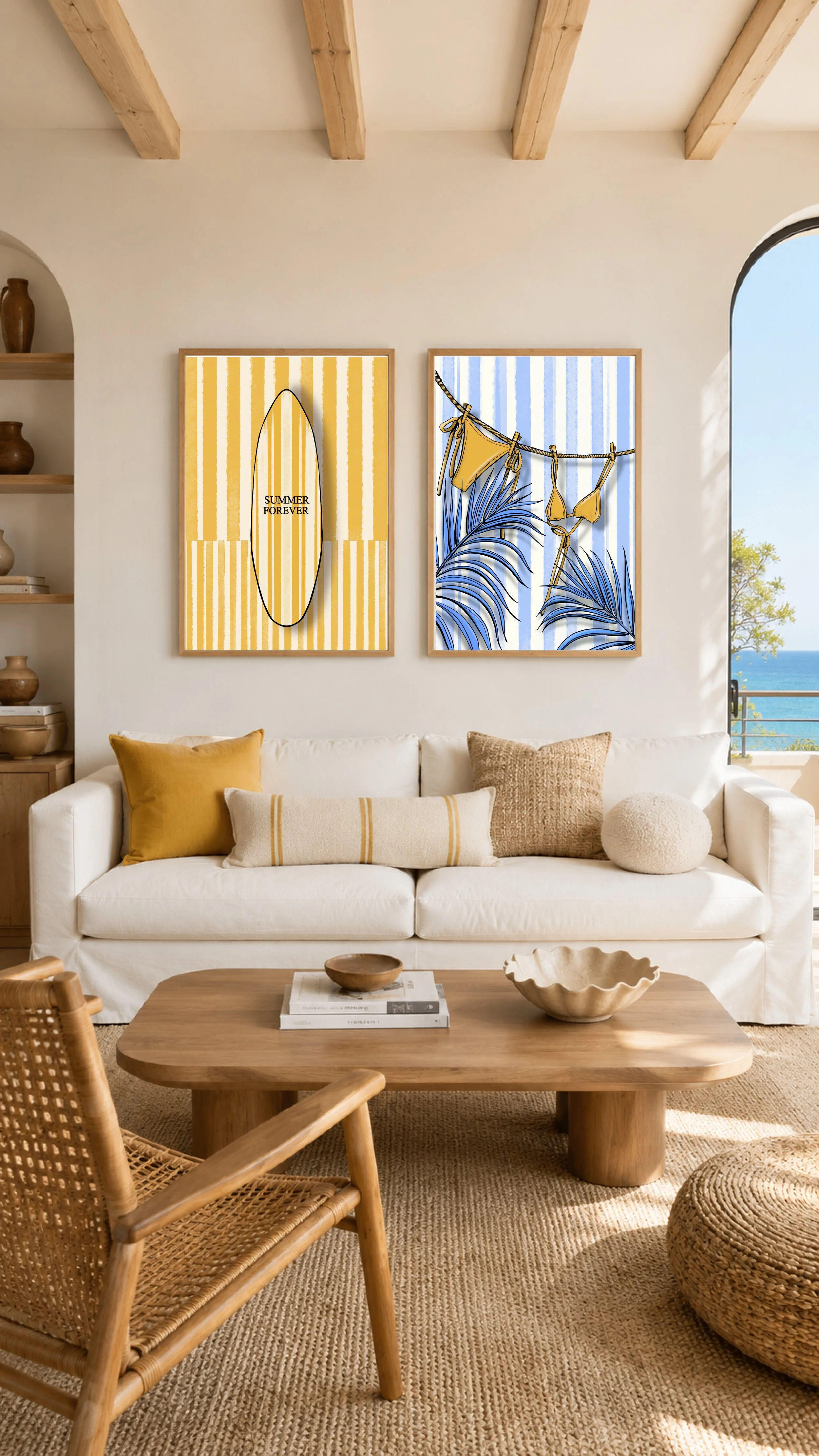 Set of 2 French Riviera prints, yellow striped Summer Forever surfboard and blue bikini clothesline, framed above a sofa
