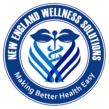 Logo for New England Wellness Solutions with a caduceus symbol and the slogan 'Making Better Health Easy'
