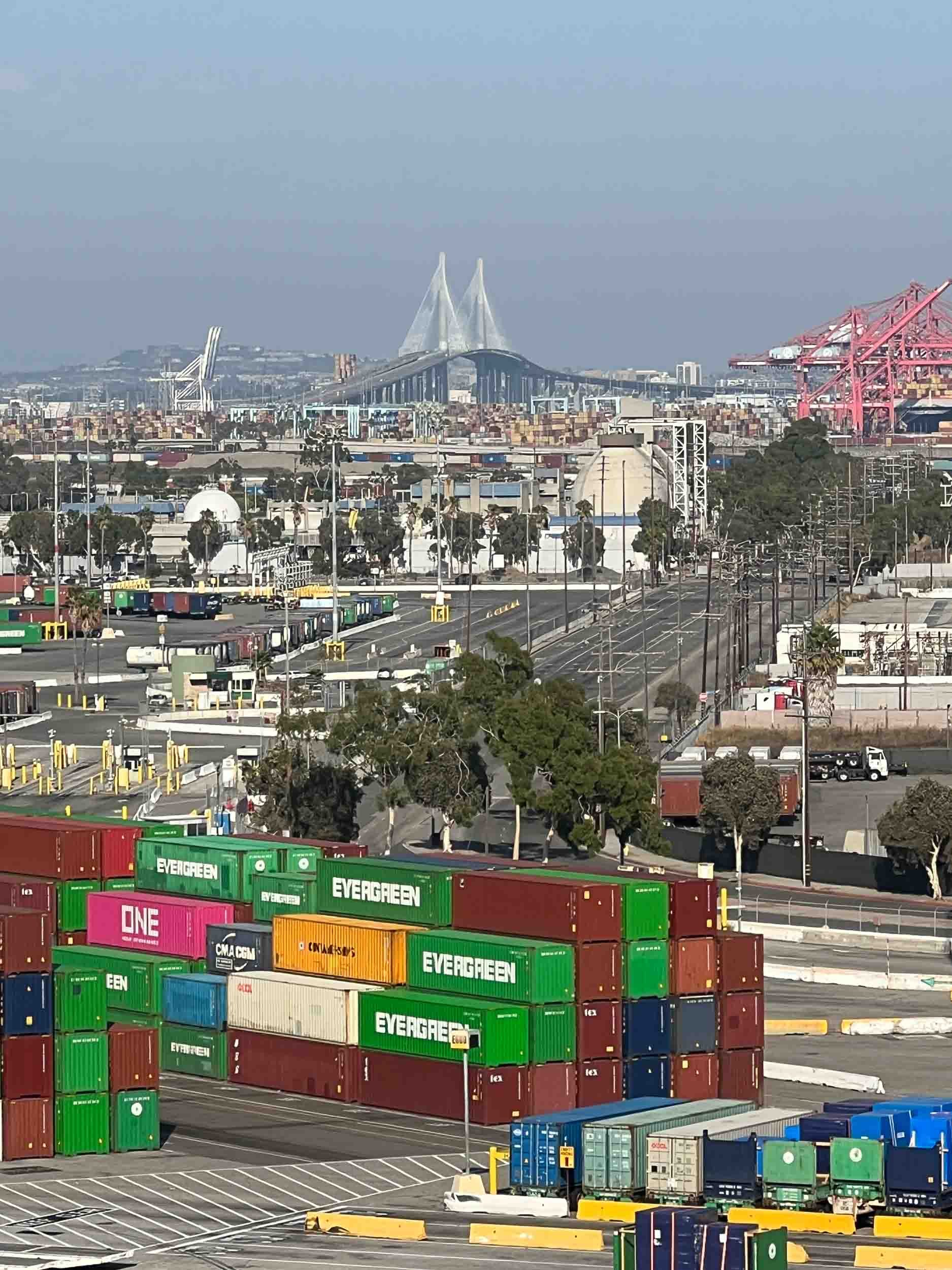 Port of Long Beach International Gateway Bridge, in the background. Long Beach California.