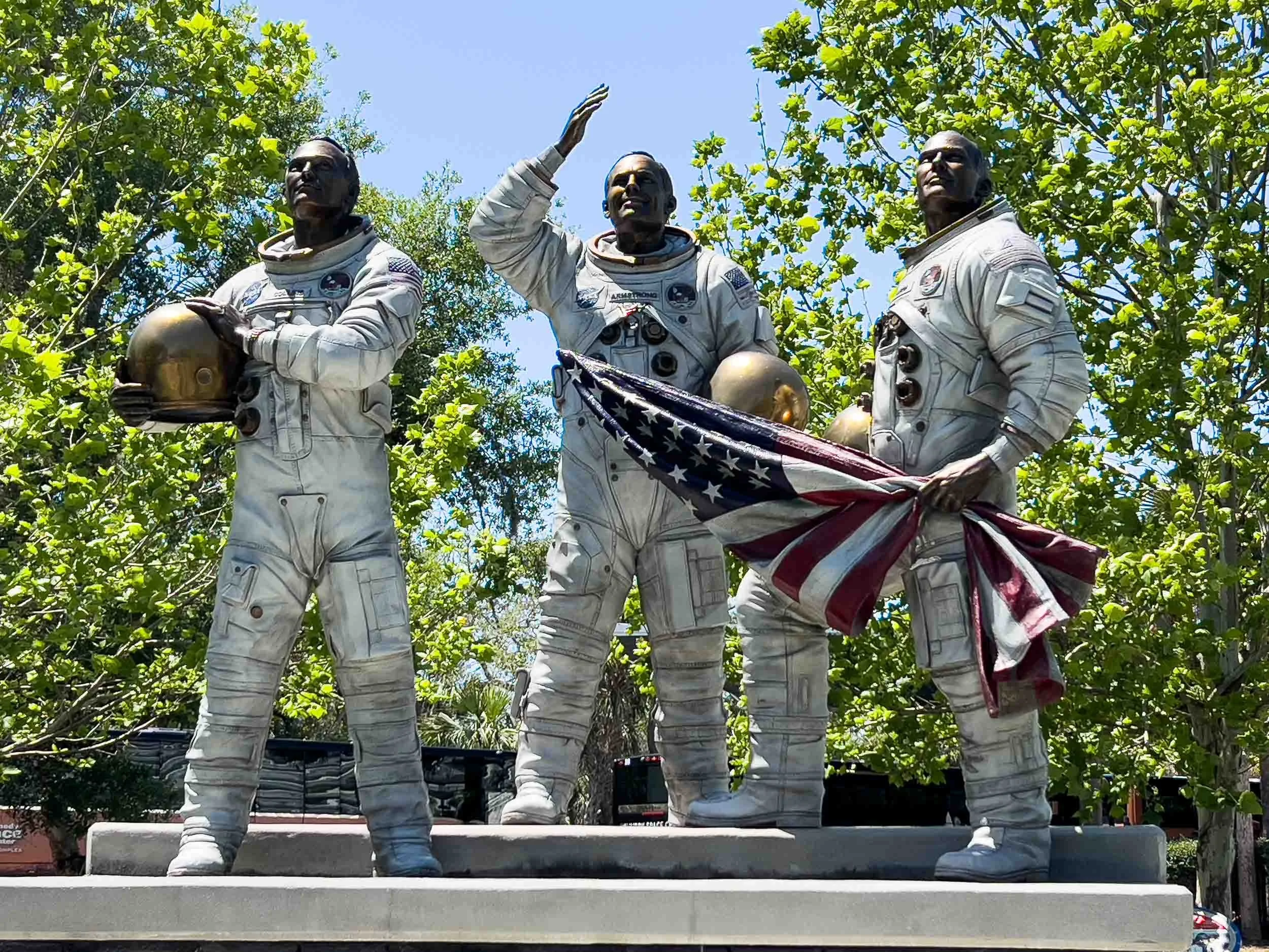 The Apollo 11 Monument, dedicated to the crew of the first lunar (1969) landing mission. There are Left, Michael Collins; Center, Neil Armstrong; Right, Buzz Aldrin. It was dedicated in 2019 to commemorate the 50th anniversary of Apollo 11 Moon landi