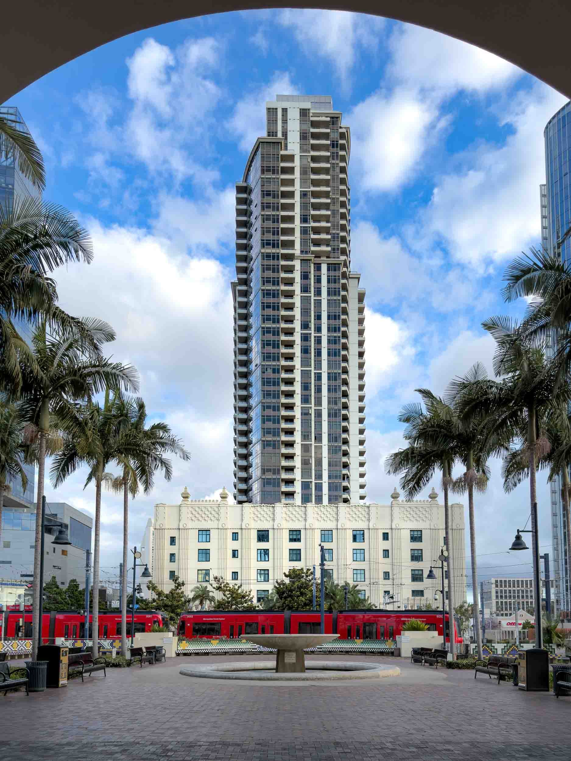 This view of one of San Diego's downtown skyscraper was taken from inside the waiting room of the Santa Fe train station.