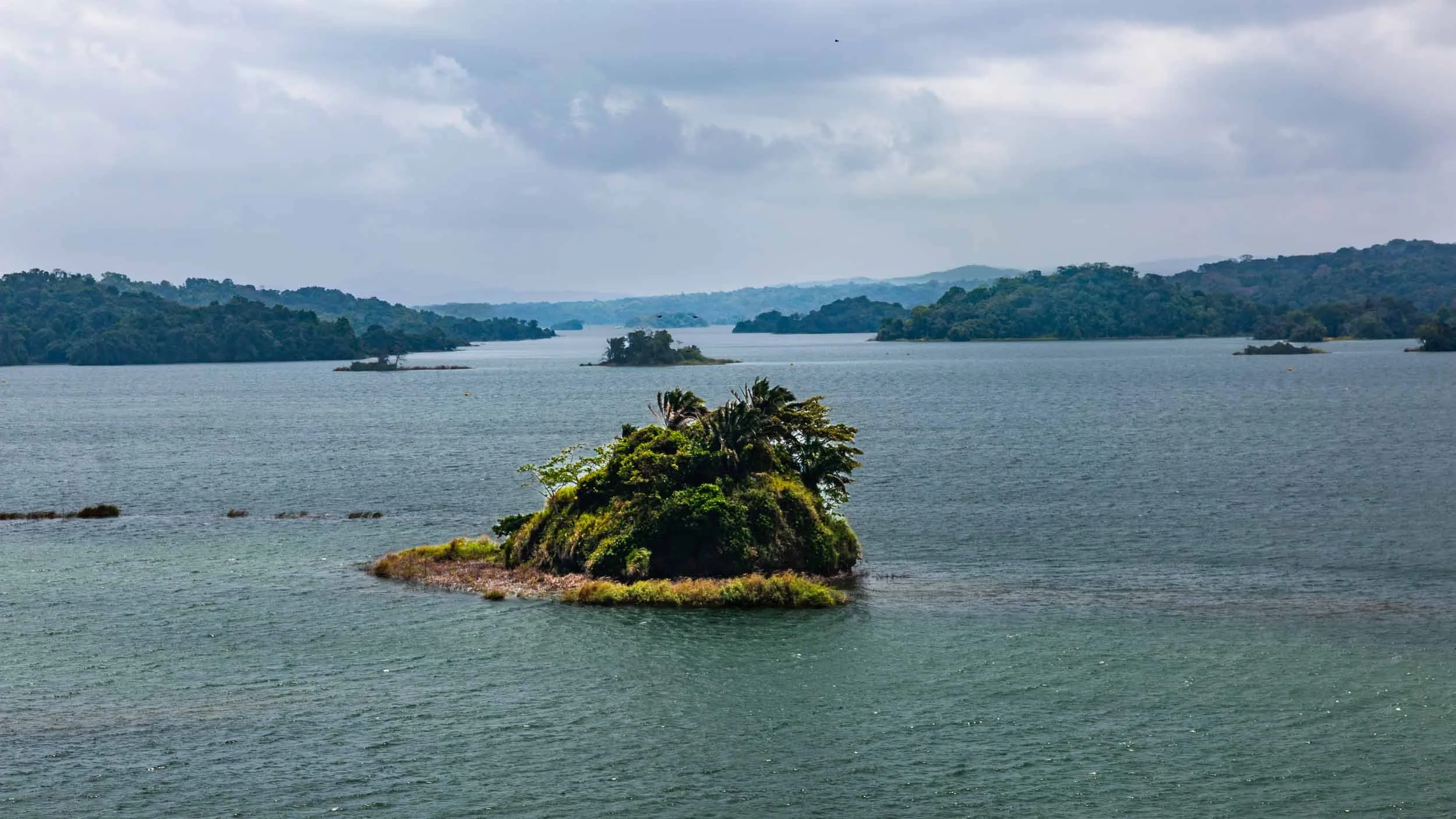 Scene of the Gatun Lake. This 164 square miles lake is what make the Panama Canal possible. Villages and jungles were flooded by the Chagres River to create this lake.