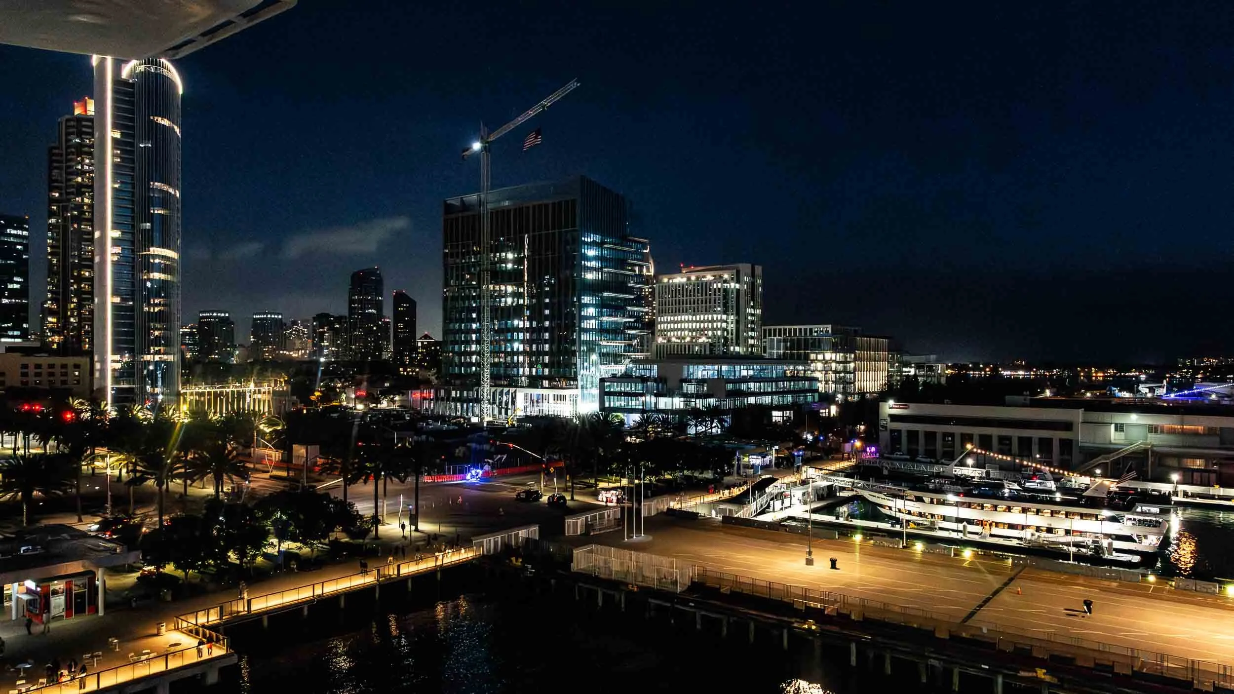 A night view of San Diego harbor from the deck of Princess Discovery.