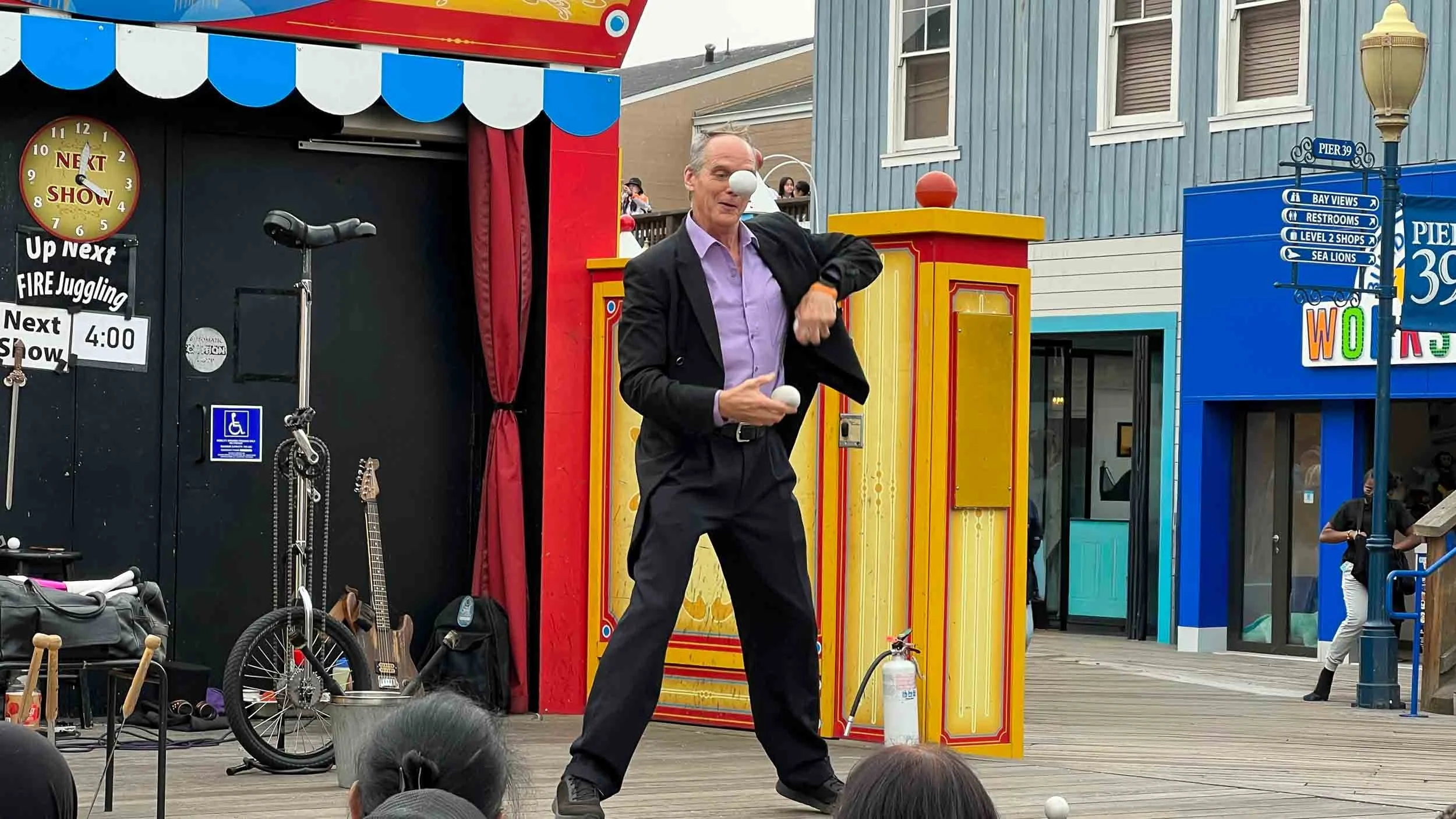 This street performer has been doing his tricks for many years.