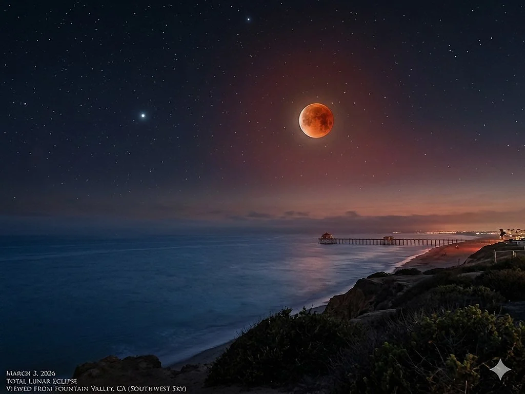 March 3, 2026: I took the photo of the Blood Moon Eclipse, then used AI to generate the environment, based on my location.