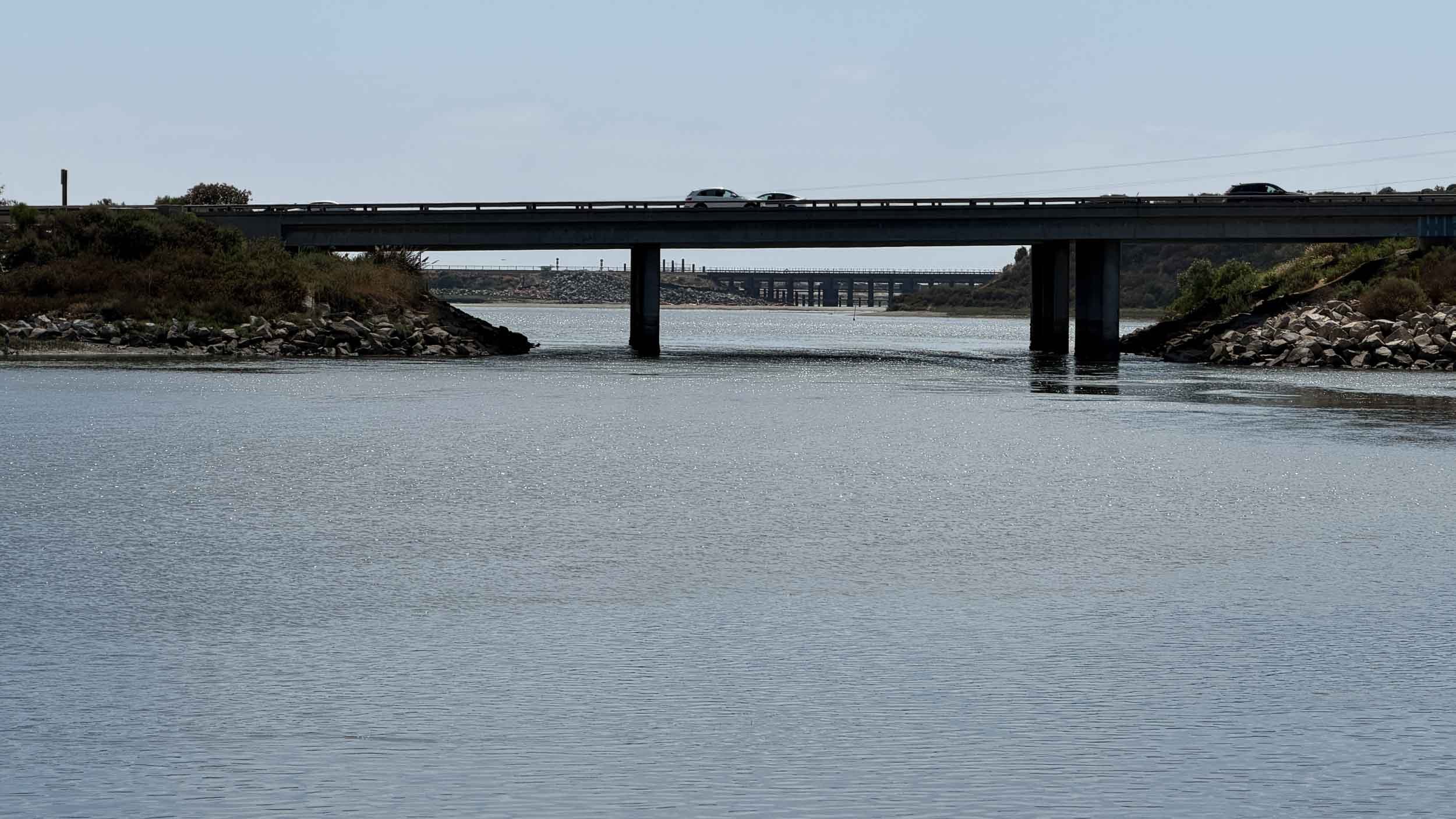 The bridge nearest the camera is the I-5 freeway as it passes through Carlsbad.