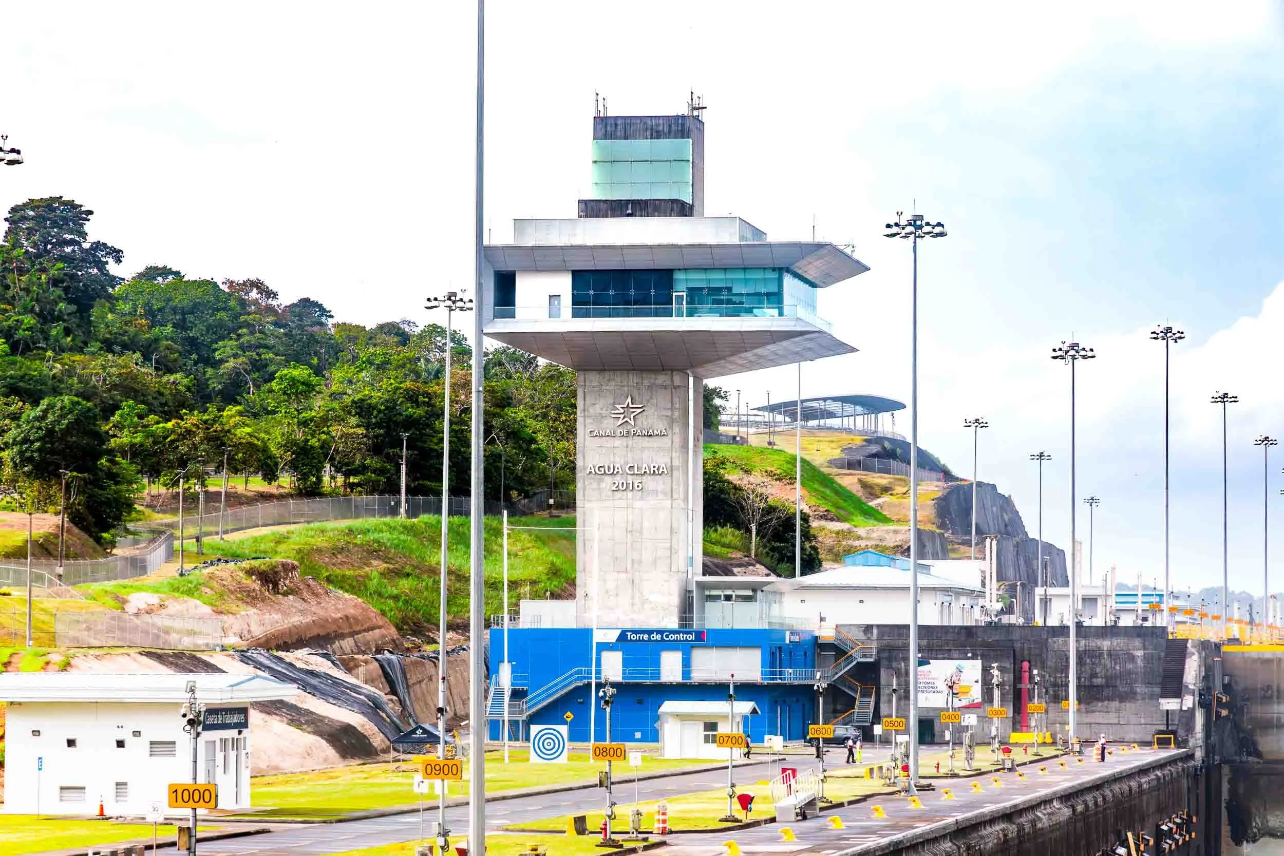 The control tower at the Agua Clara locks