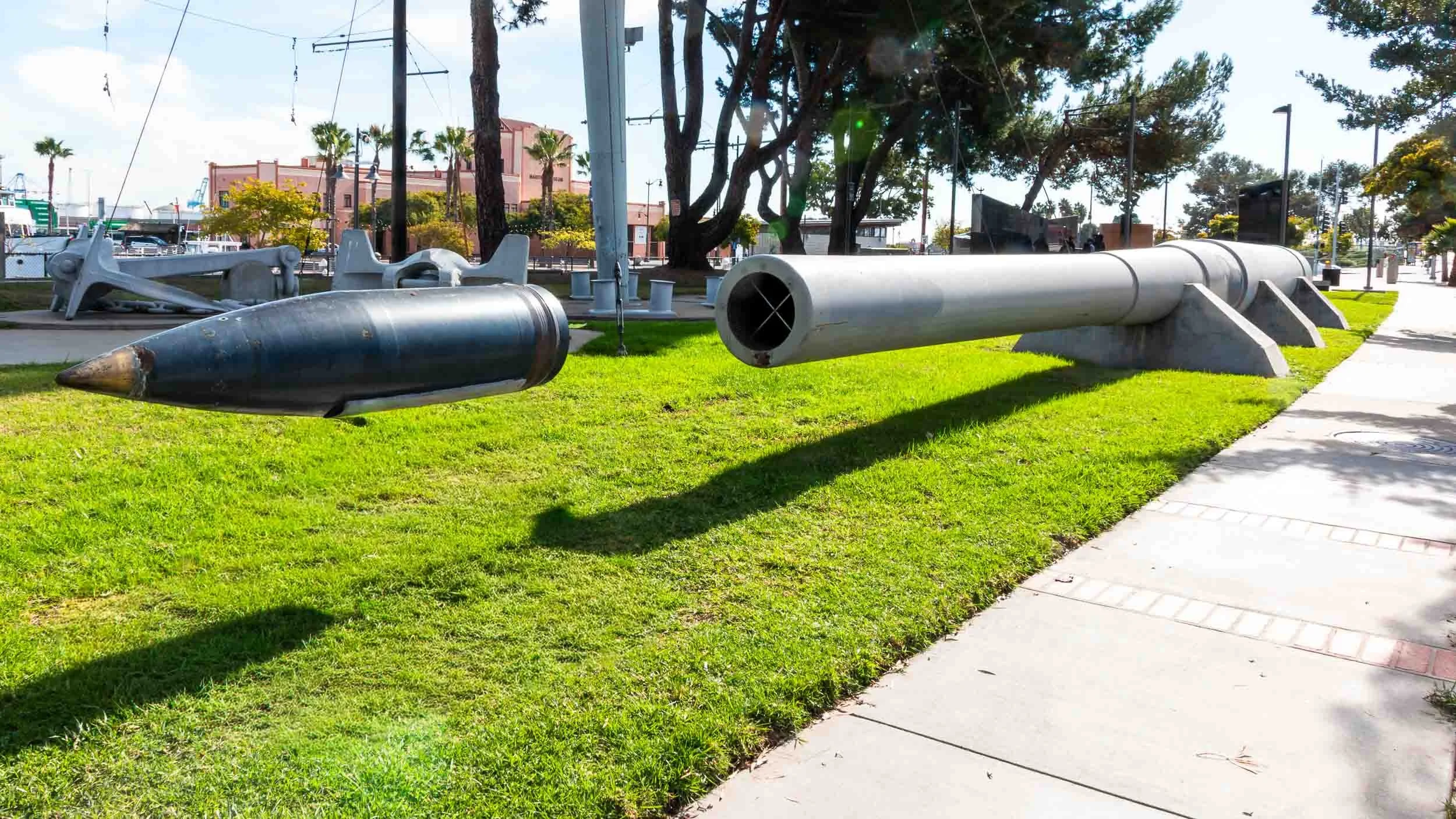 January 4, 2024: 16-inch naval gun barrel and 16-inch armor-piercing shell, from USS New Jersey located at John S. Gibson Memorial Park, San Pedro, Los Angeles. DISCLAIMER: that projectile was not actually airborne!