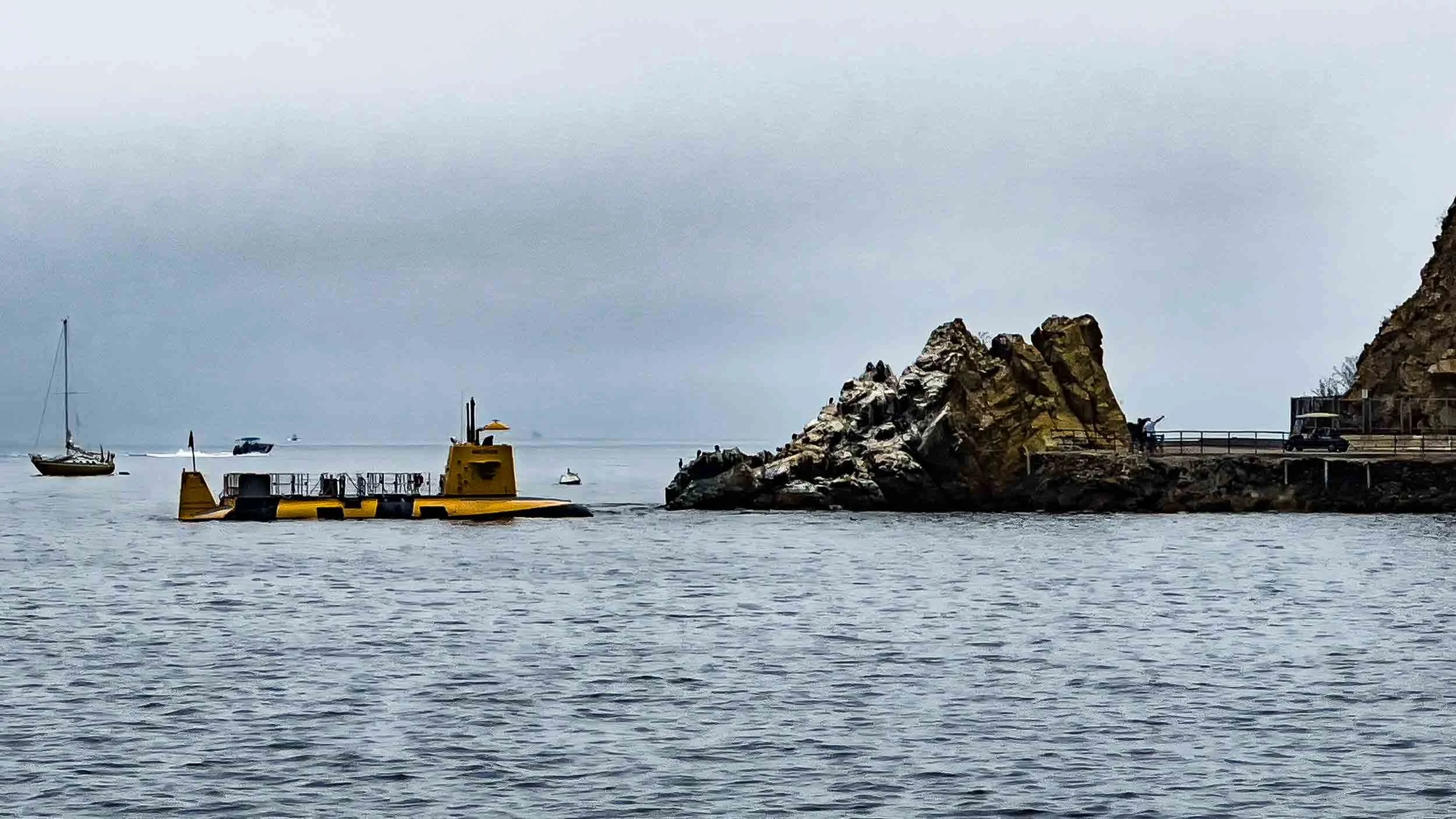 Abolone Point is the rock outcroping. The yellow submarine is used for tours to Lovers Cove Marine Preserve. Santa Catalina.