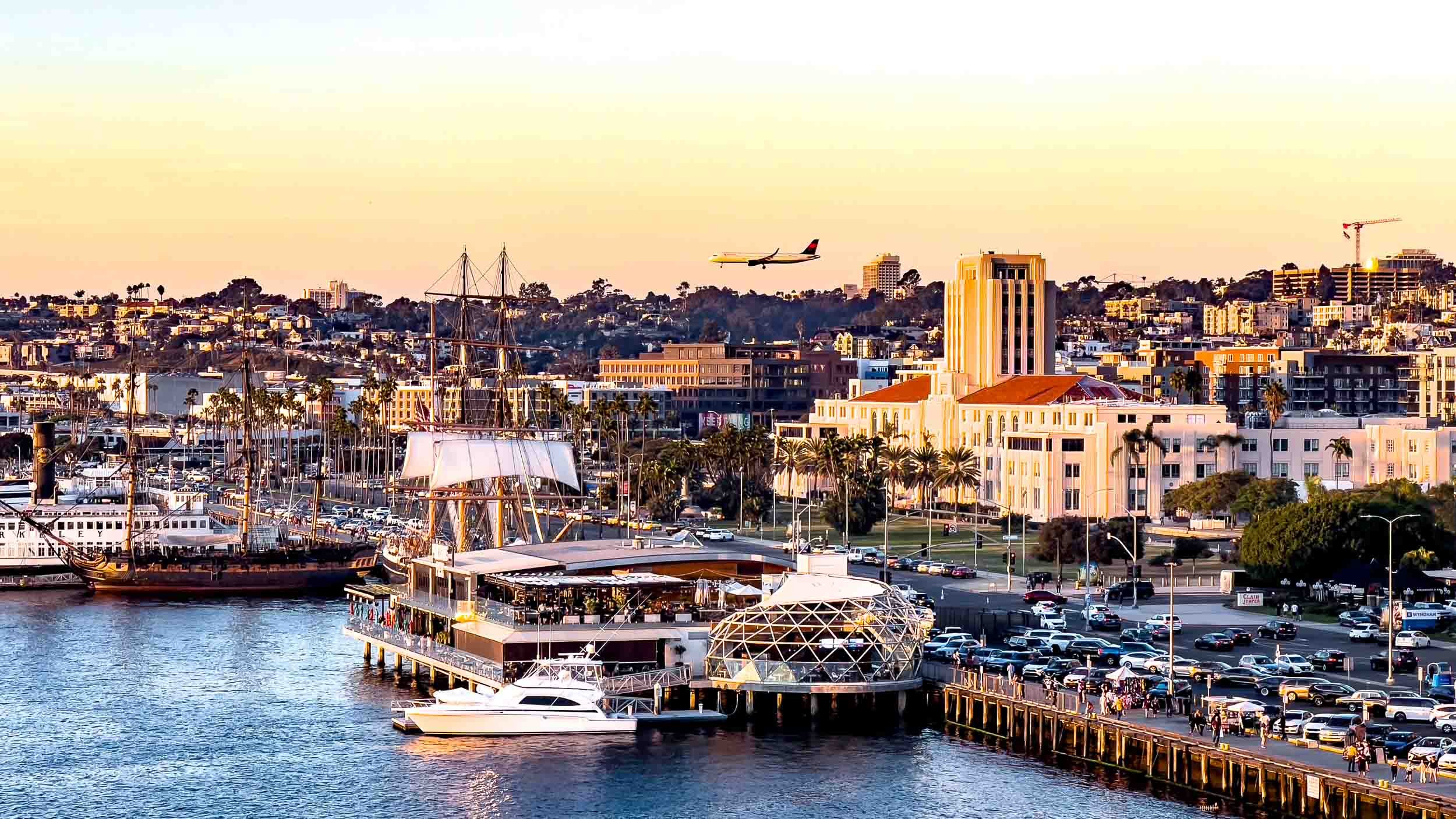 October 10, 2024: San Diego Waterfront at the golden hour. 