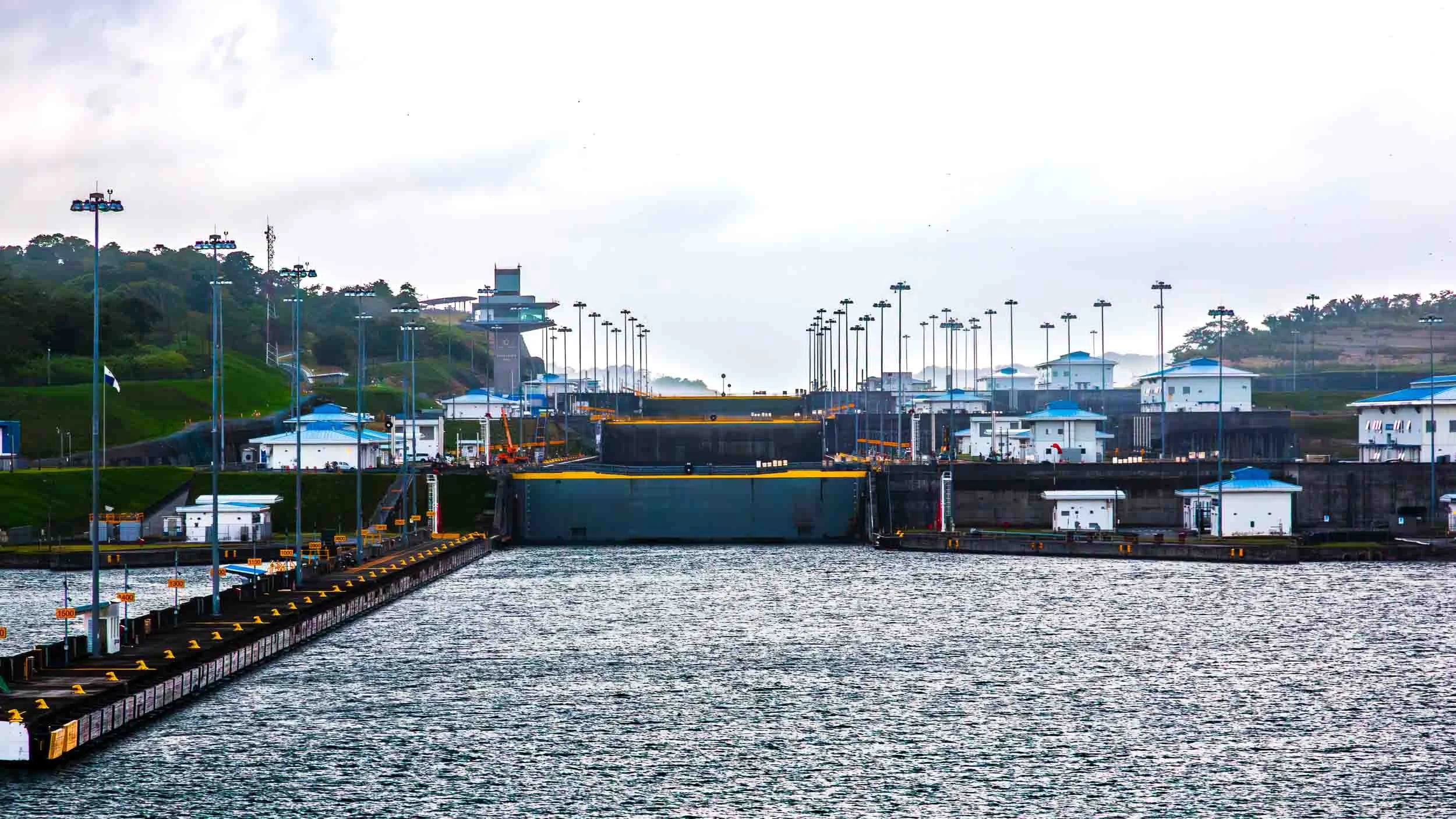 The Agua Clara locks in the Panama Canal. These are the new locks opened in 2016 to allow larger ships to enter the canal. The original Gatun locks which were opened in 1914 became too small of the growing shipping industry.