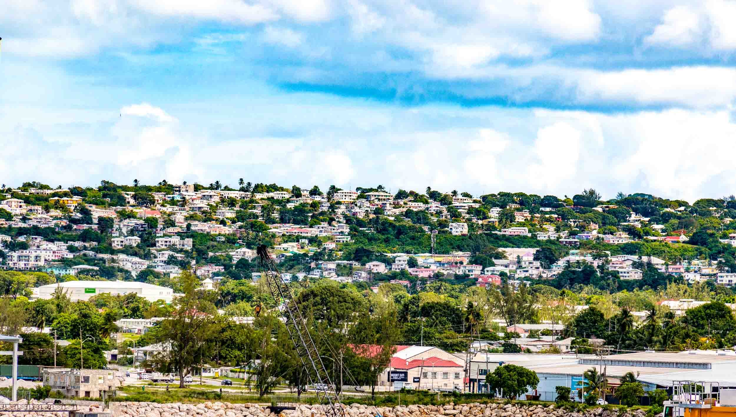 A view inland from the deck of Carnival Fascination docked in the Port of Bridgetown. 