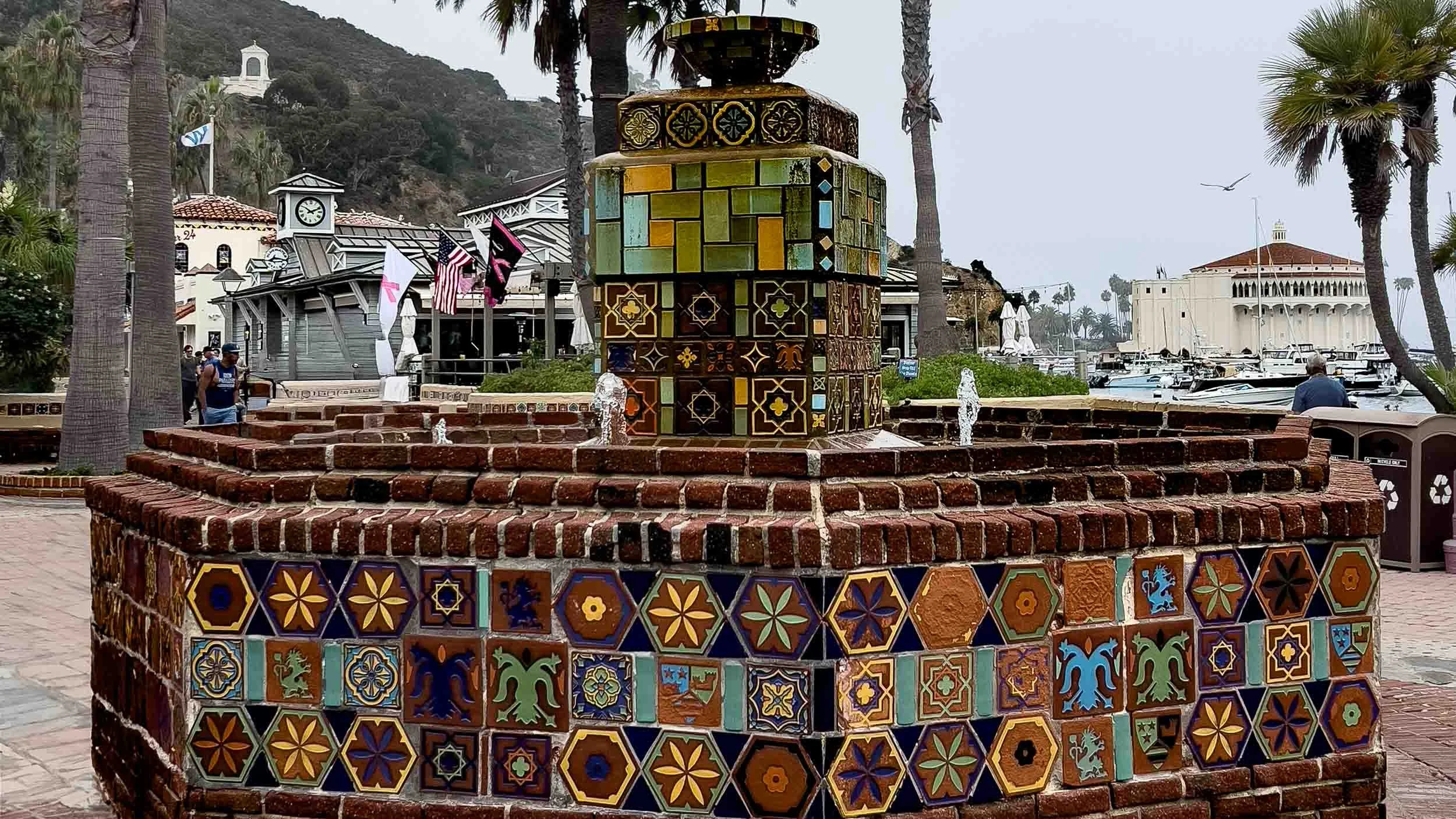 Serpentine Tile Fountain in Catalina, adorned with "Catalina Pottery", which were produced on the island between 1927 and 1937.
