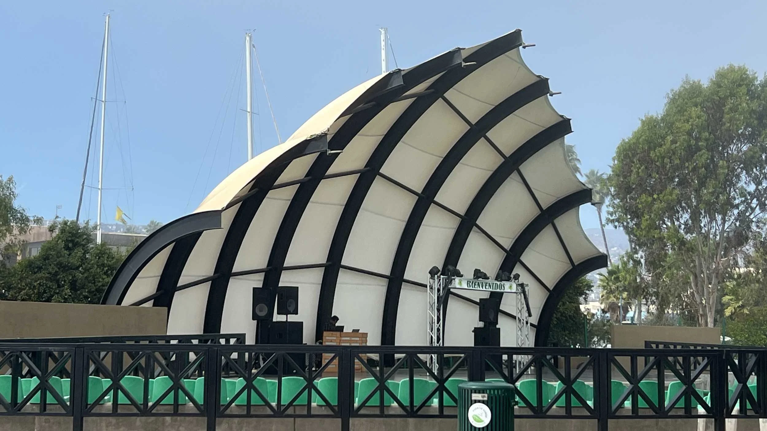 The outdoor stage at Plaza Civica de la Patria, also known as Ventana al Mar (Window to the Sea). Located on the waterfront Malecon in Ensenada, Mexico.