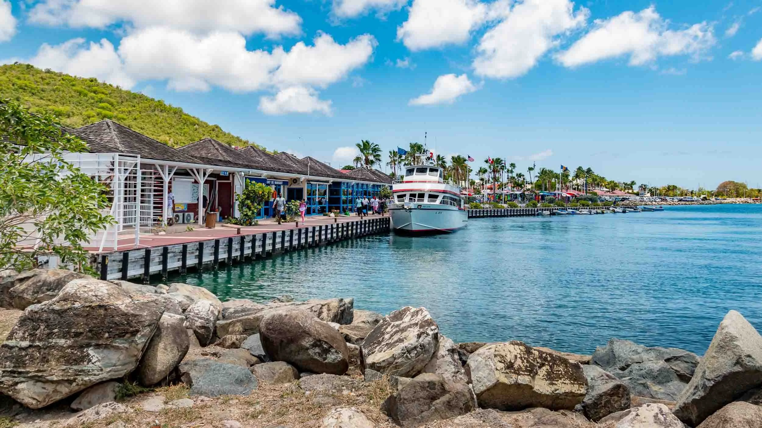 The waterfront of Marigot, which is the capital of the French side of the island of Saint Martin. Also visible is the Marigot Market Square. The ferries typically run between Marigot and neighboring islands like Anguilla and St. Barts. May 6, 2017.