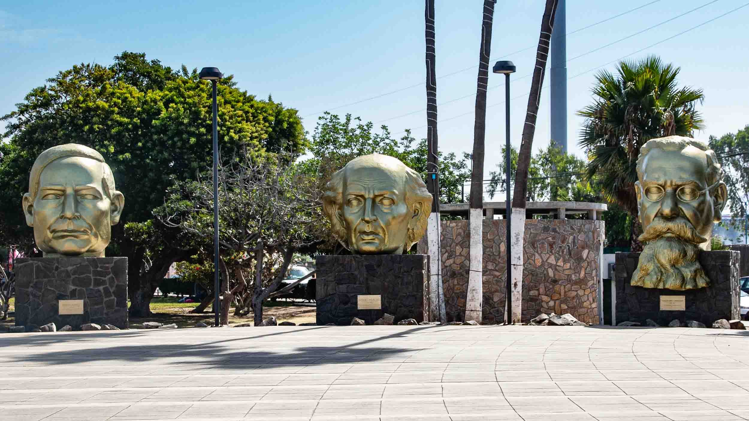 Sculptures of Mexican historical figures: Benito Juarez, Miguel Hidalgo and Venustiano Carranza. They are displayed in Three Heads Plaza in Ensenada, Mexico.