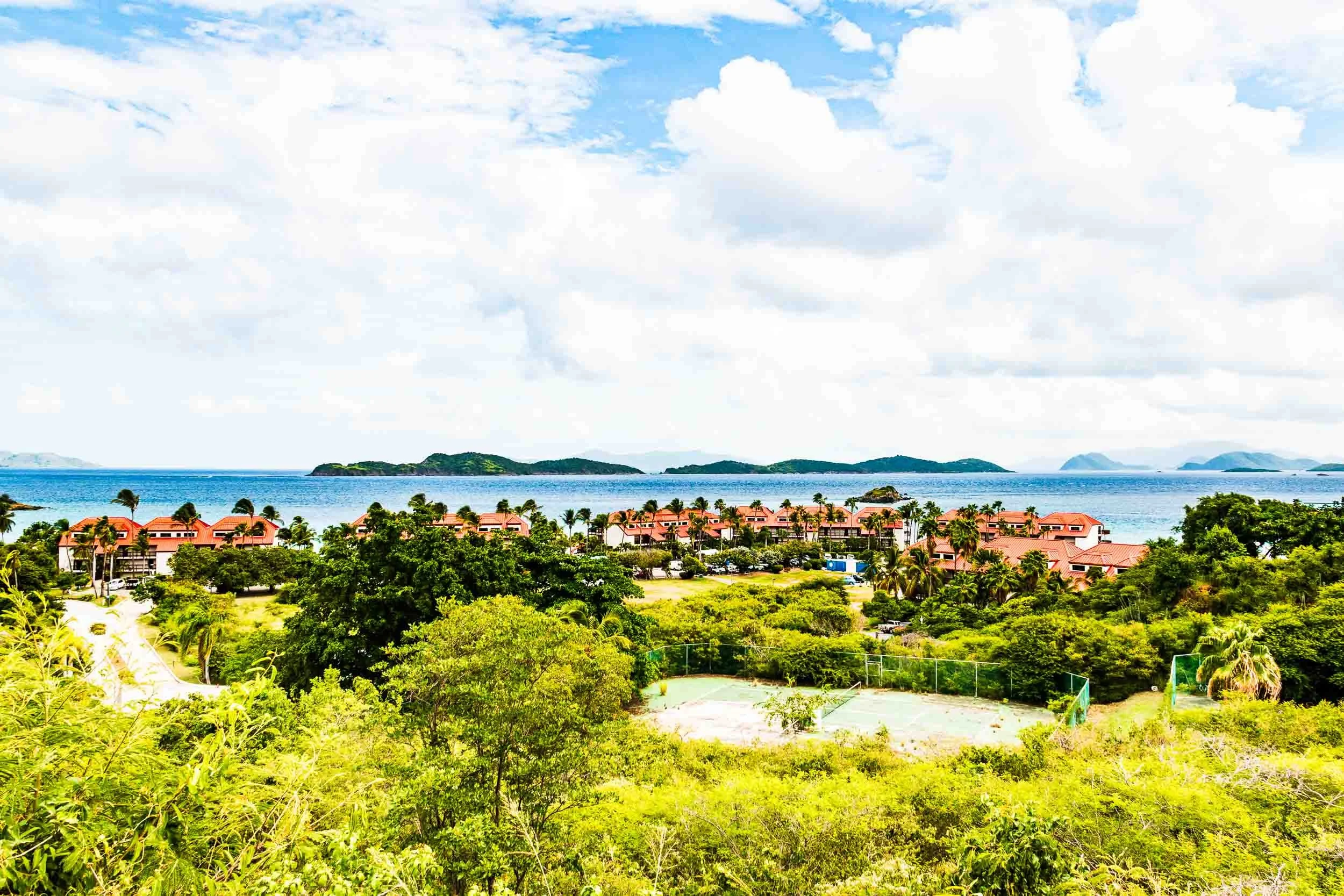 The view is looking down onto the Club Wyndham Elysian Beach Resort, located on the East End of St. Thomas in the U.S. Virgin Islands, (USVI)
